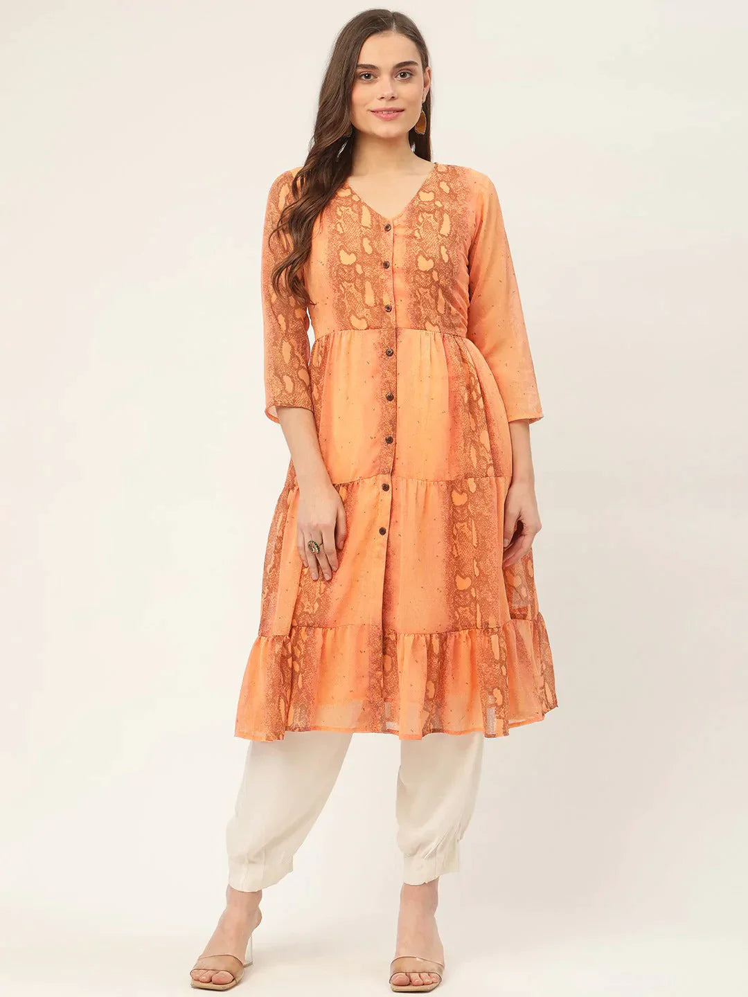 Women's Orange Georgette Tiger Printed Kurtas - Taantav