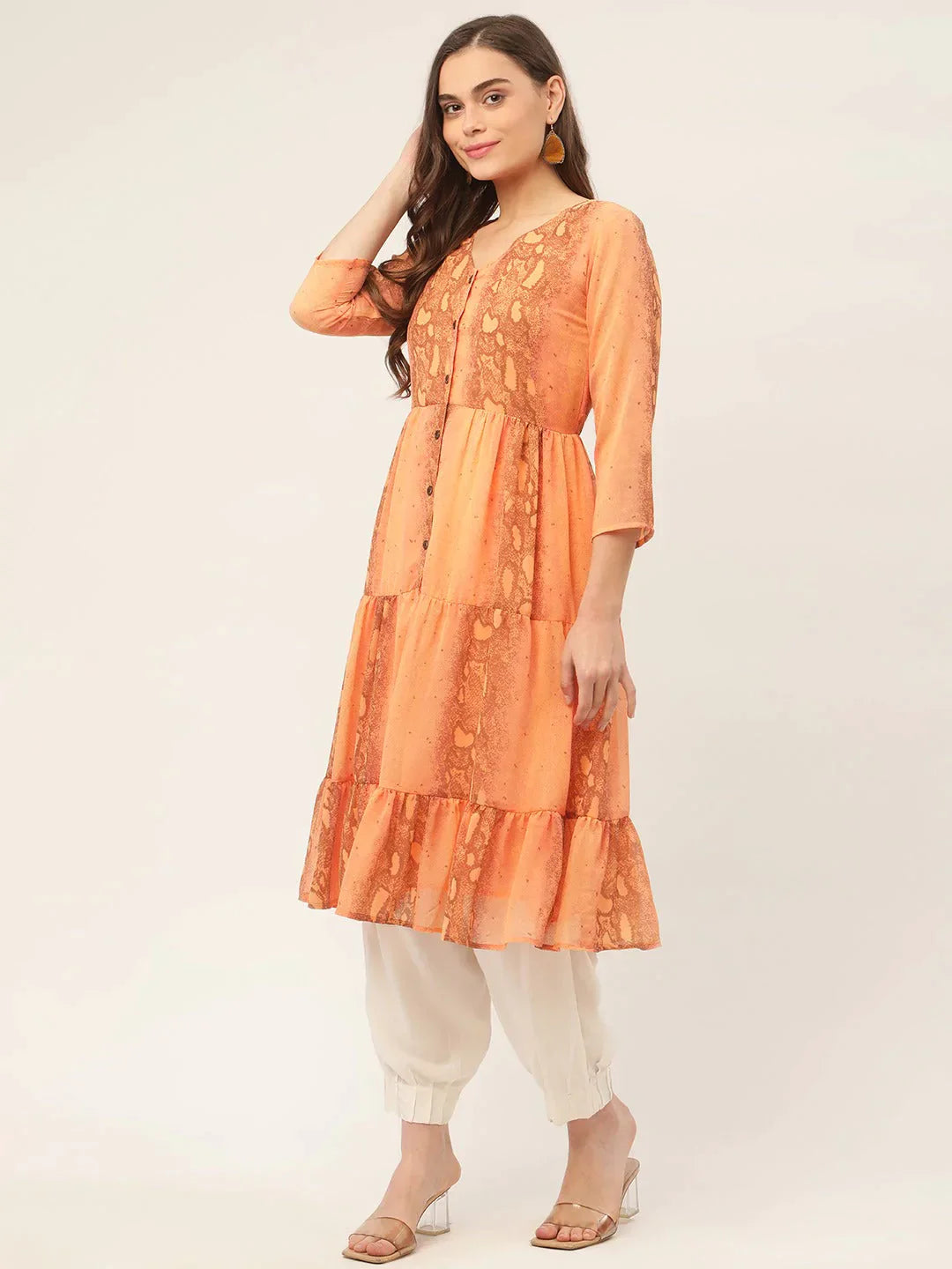 Women's Orange Georgette Tiger Printed Kurtas - Taantav