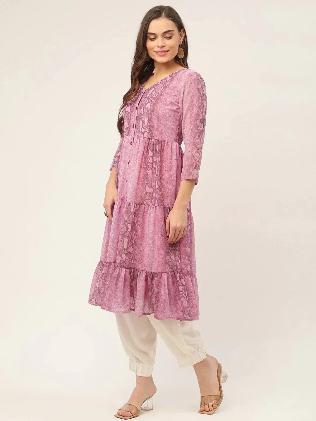 Women's Purple Georgette Tiger Printed Kurtas - Taantav