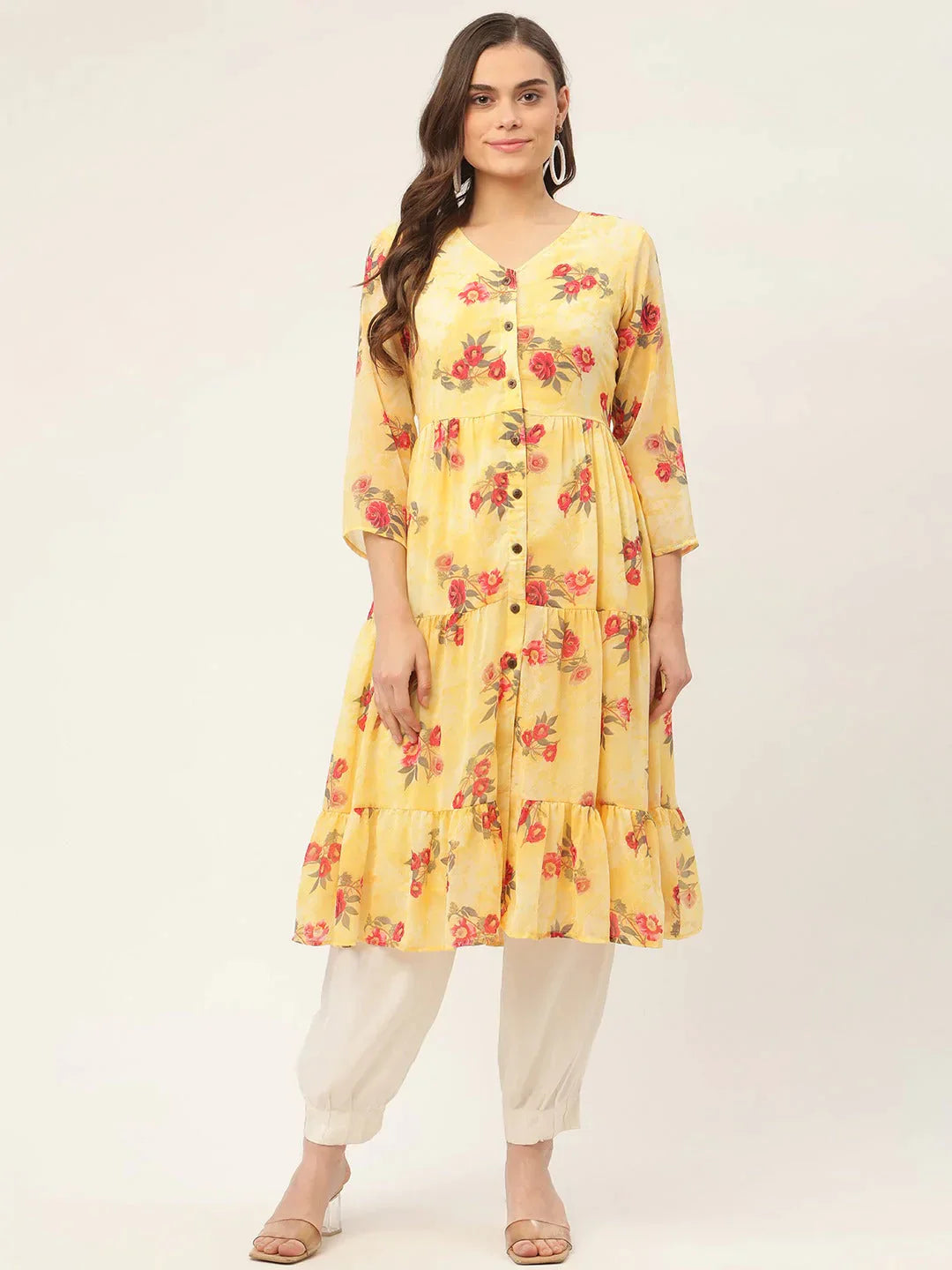 Women's Yellow Georgette Floral Printed Kurtas - Taantav