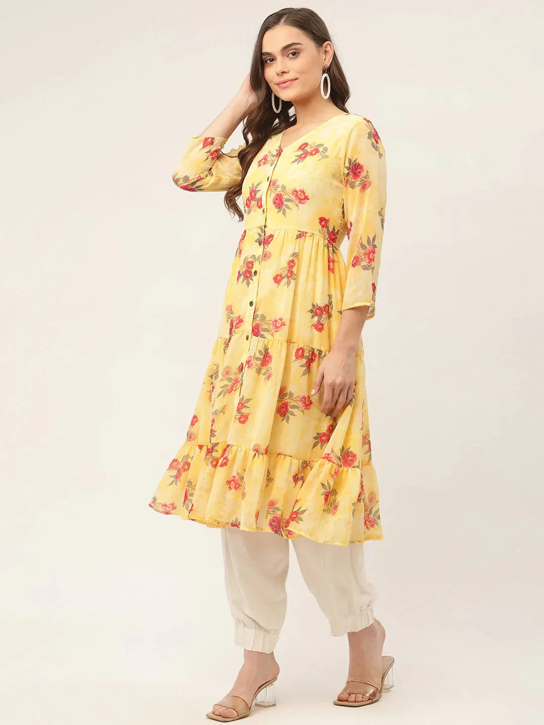 Women's Yellow Georgette Floral Printed Kurtas - Taantav