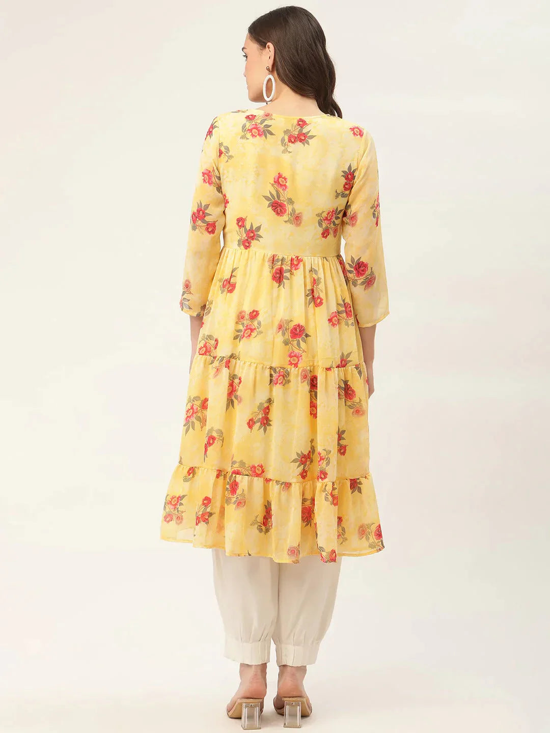 Women's Yellow Georgette Floral Printed Kurtas - Taantav