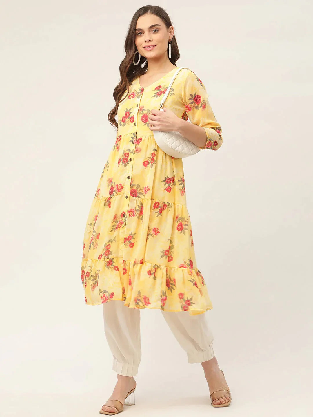 Women's Yellow Georgette Floral Printed Kurtas - Taantav