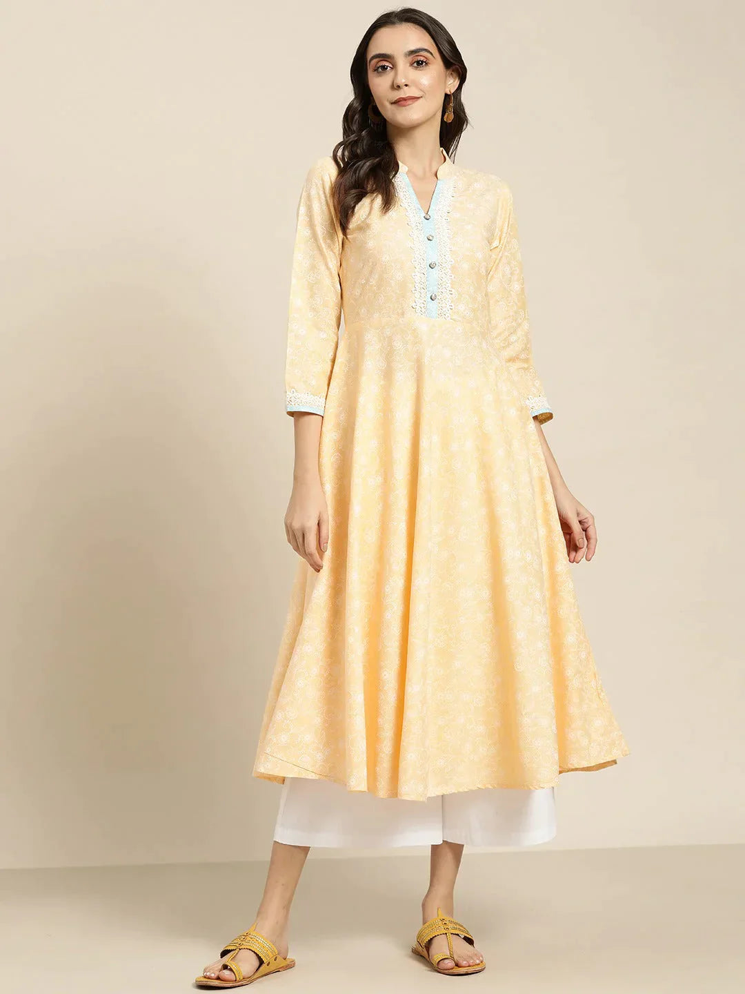 Women's Yellow & White Ethnic Motifs Printed Lace Detail Anarkali Kurta - Taantav