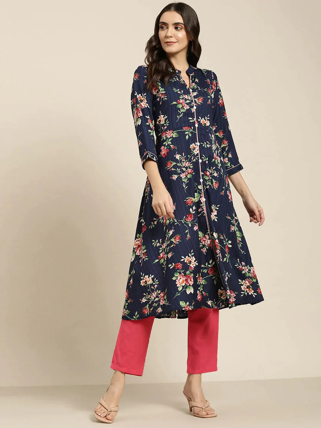 Women's Blue & Pink Floral Printed Floral Georgette Anarkali Kurta - Taantav