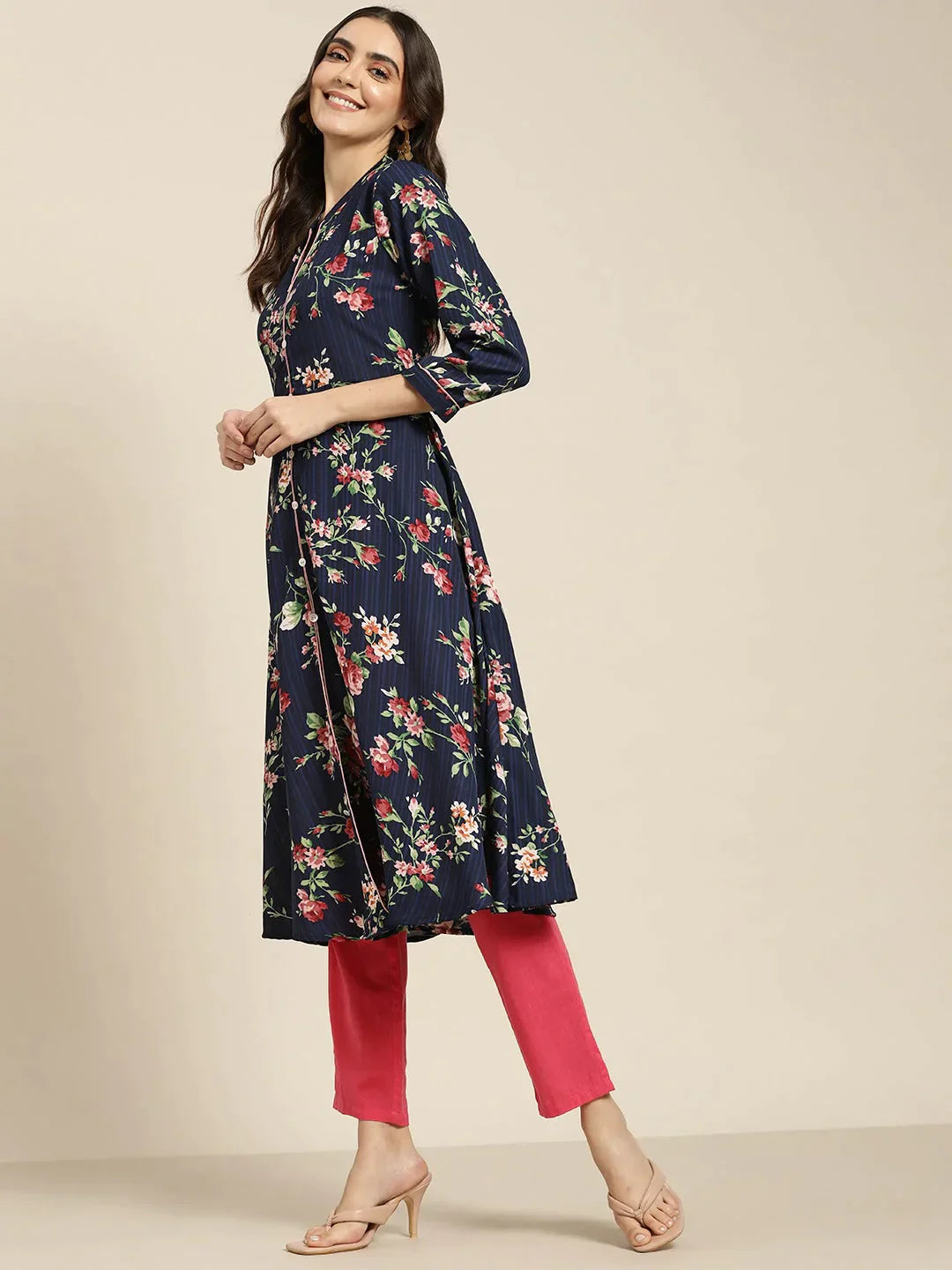 Women's Blue & Pink Floral Printed Floral Georgette Anarkali Kurta - Taantav