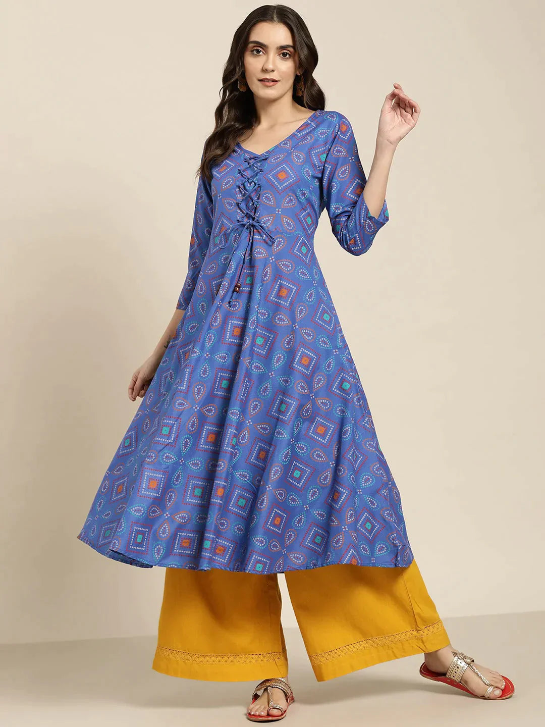 Women's Blue Bandhani Printed Anarkali Kurta - Taantav