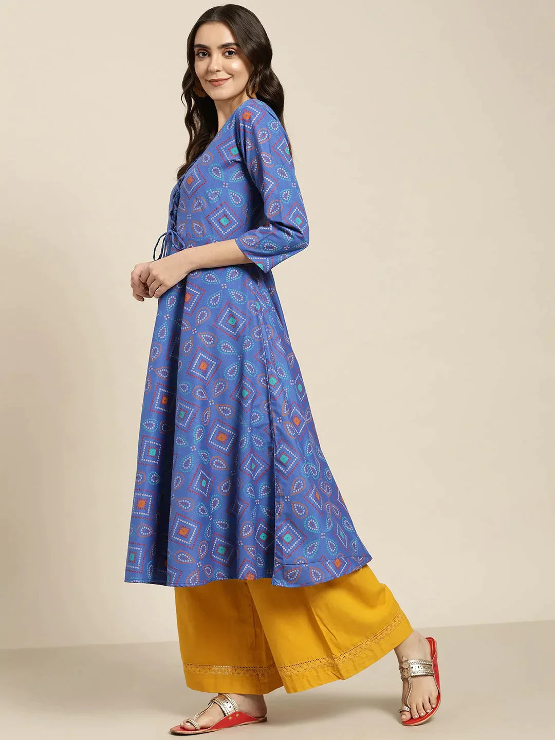 Women's Blue Bandhani Printed Anarkali Kurta - Taantav