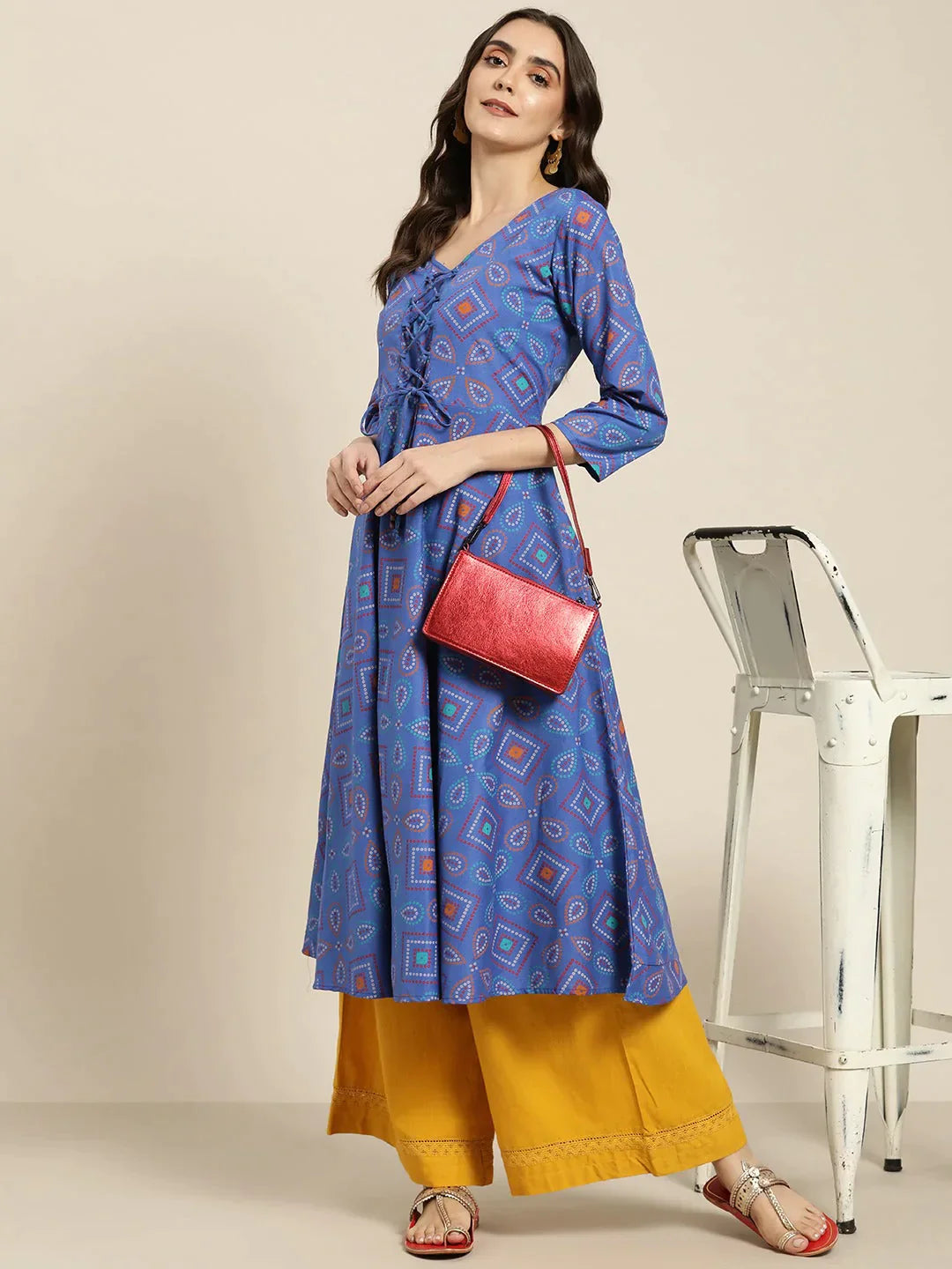 Women's Blue Bandhani Printed Anarkali Kurta - Taantav