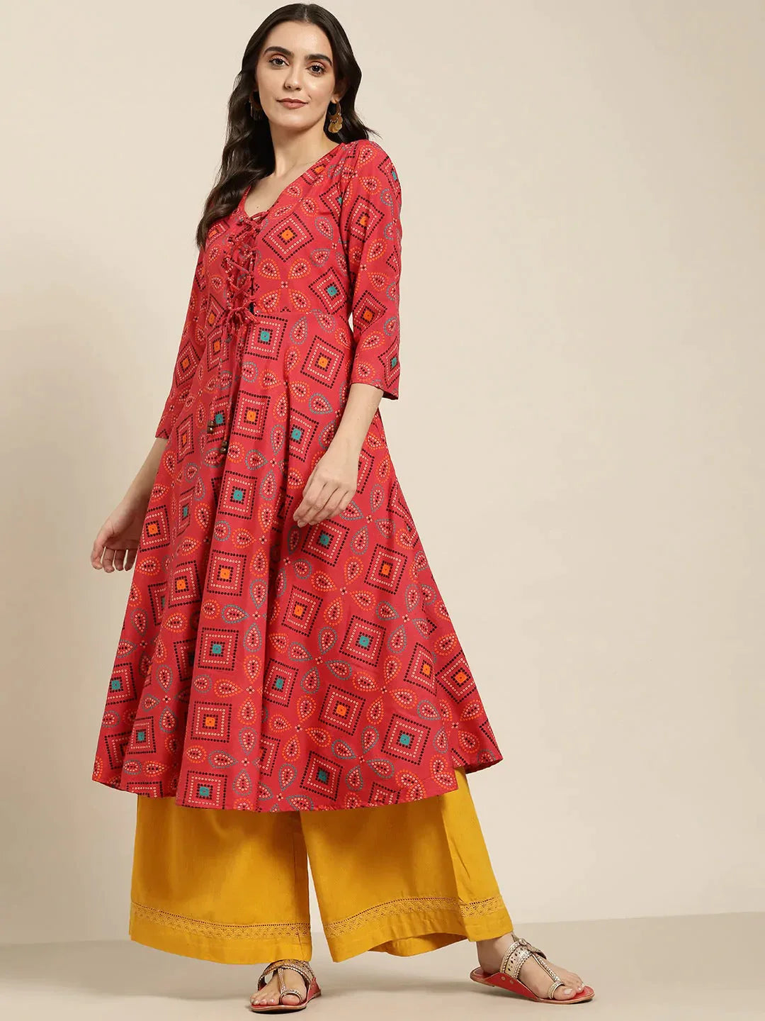 Women's Red Bandhani Printed Anarkali Kurta - Taantav