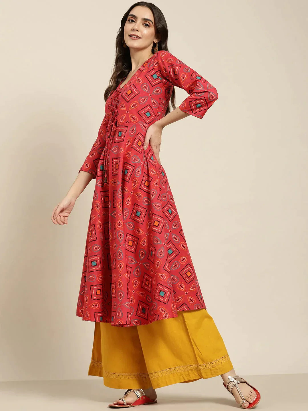 Women's Red Bandhani Printed Anarkali Kurta - Taantav