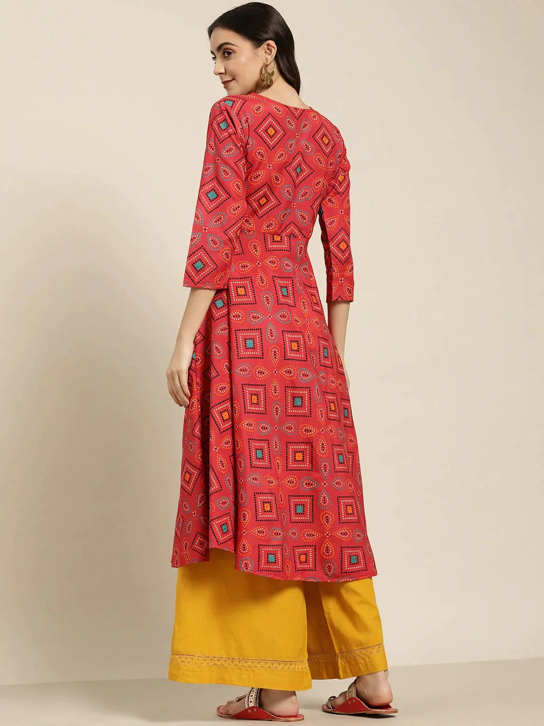 Women's Red Bandhani Printed Anarkali Kurta - Taantav