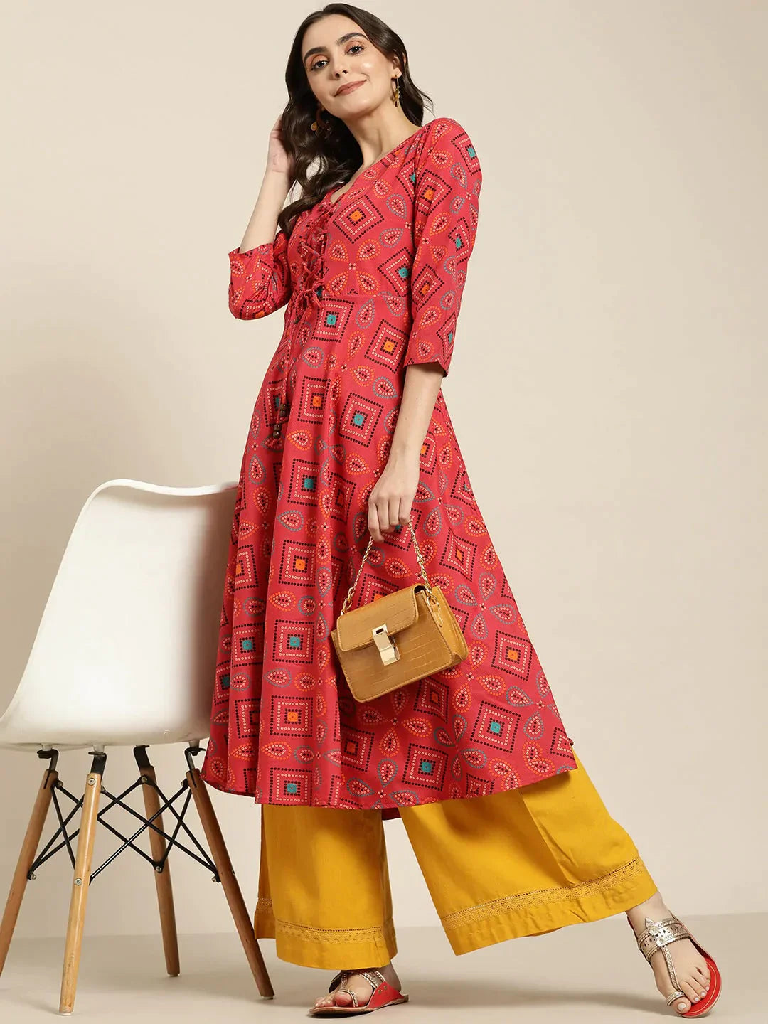 Women's Red Bandhani Printed Anarkali Kurta - Taantav