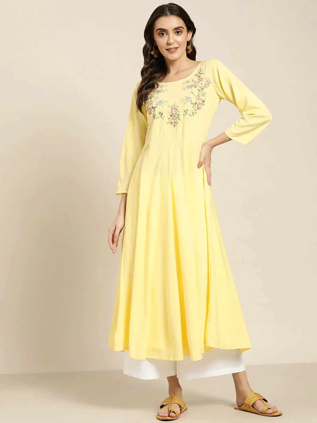 Women's Yellow & Green Floral Embroidered Georgette Anarkali Kurta - Taantav