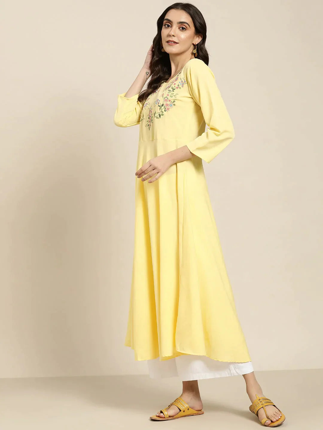 Women's Yellow & Green Floral Embroidered Georgette Anarkali Kurta - Taantav