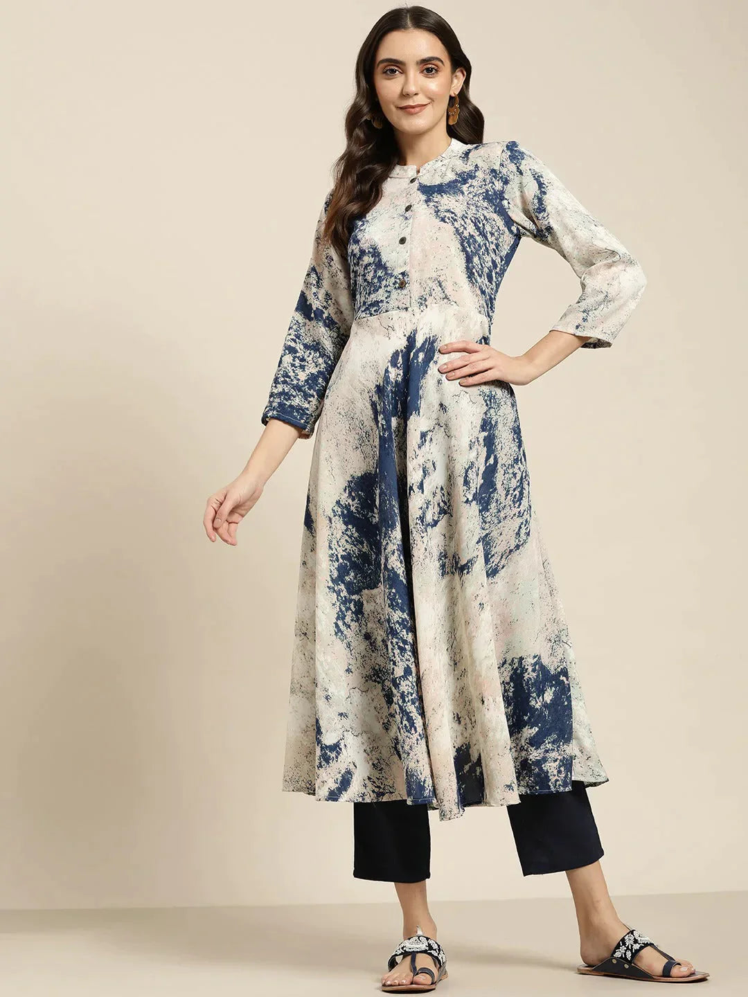 Women's Navy Blue & Pink Printed Anarkali Kurta - Taantav