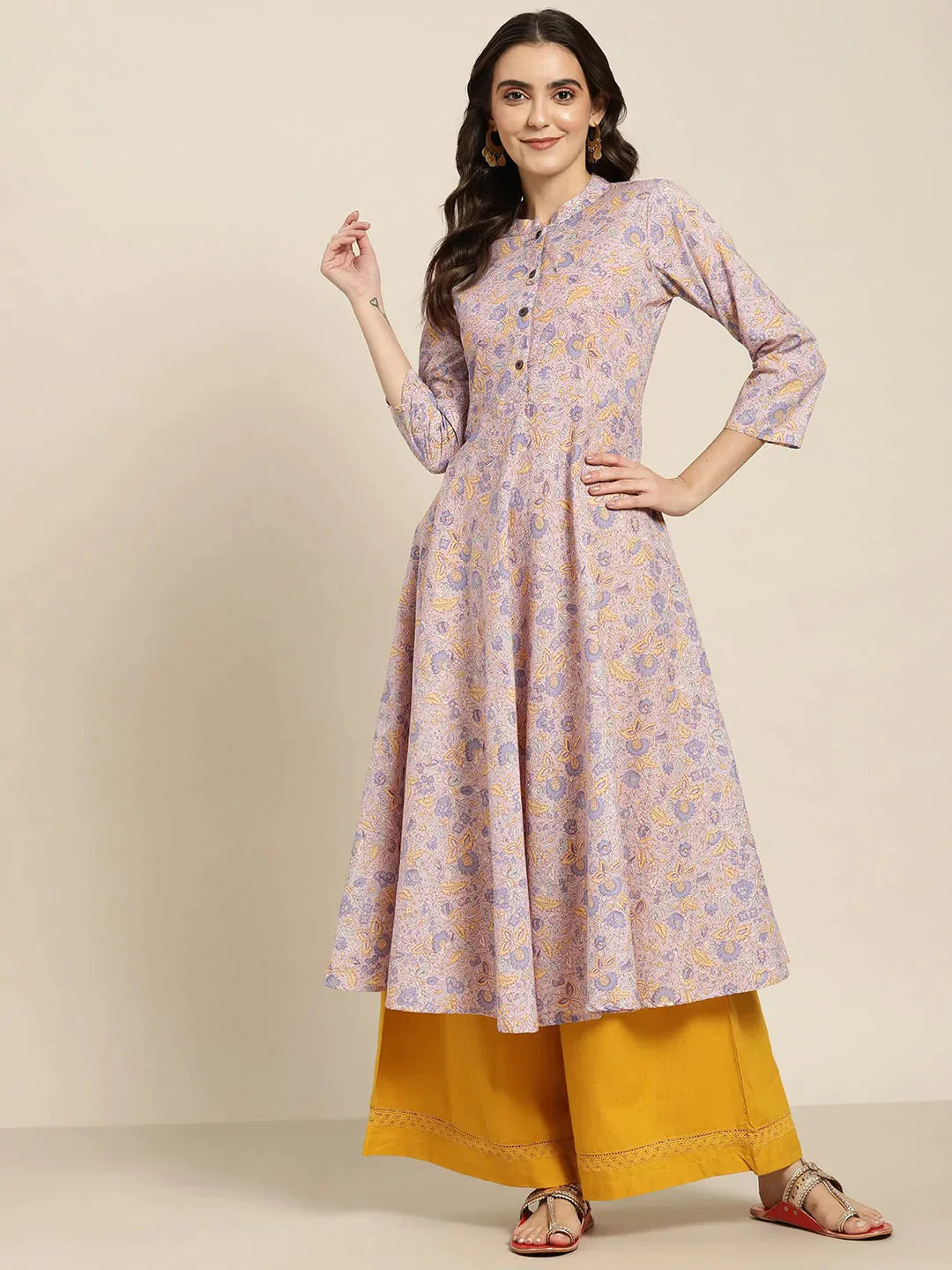 Women's Purple and yellow Printed Anarkali Kurta - Taantav