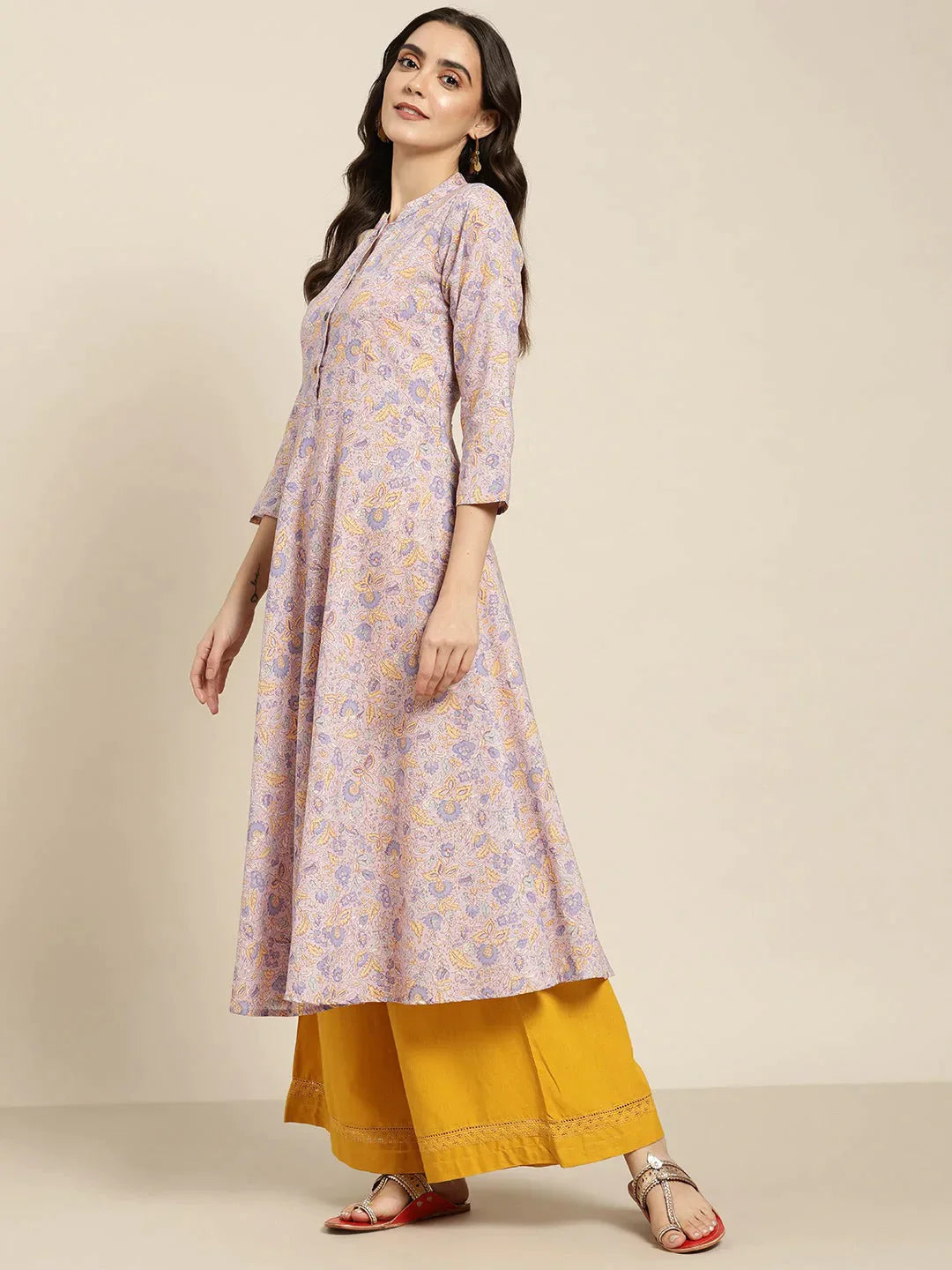 Women's Purple and yellow Printed Anarkali Kurta - Taantav