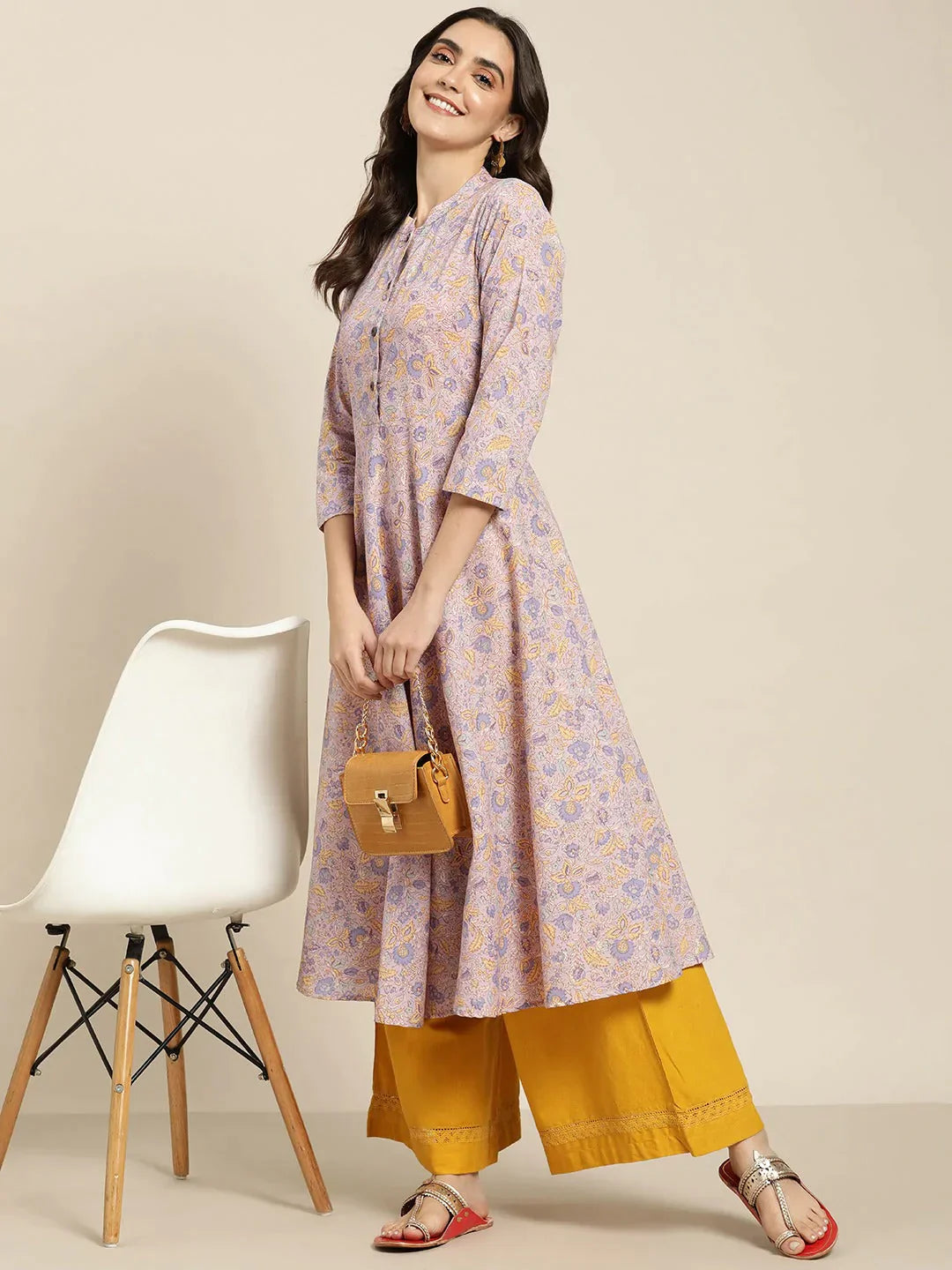 Women's Purple and yellow Printed Anarkali Kurta - Taantav