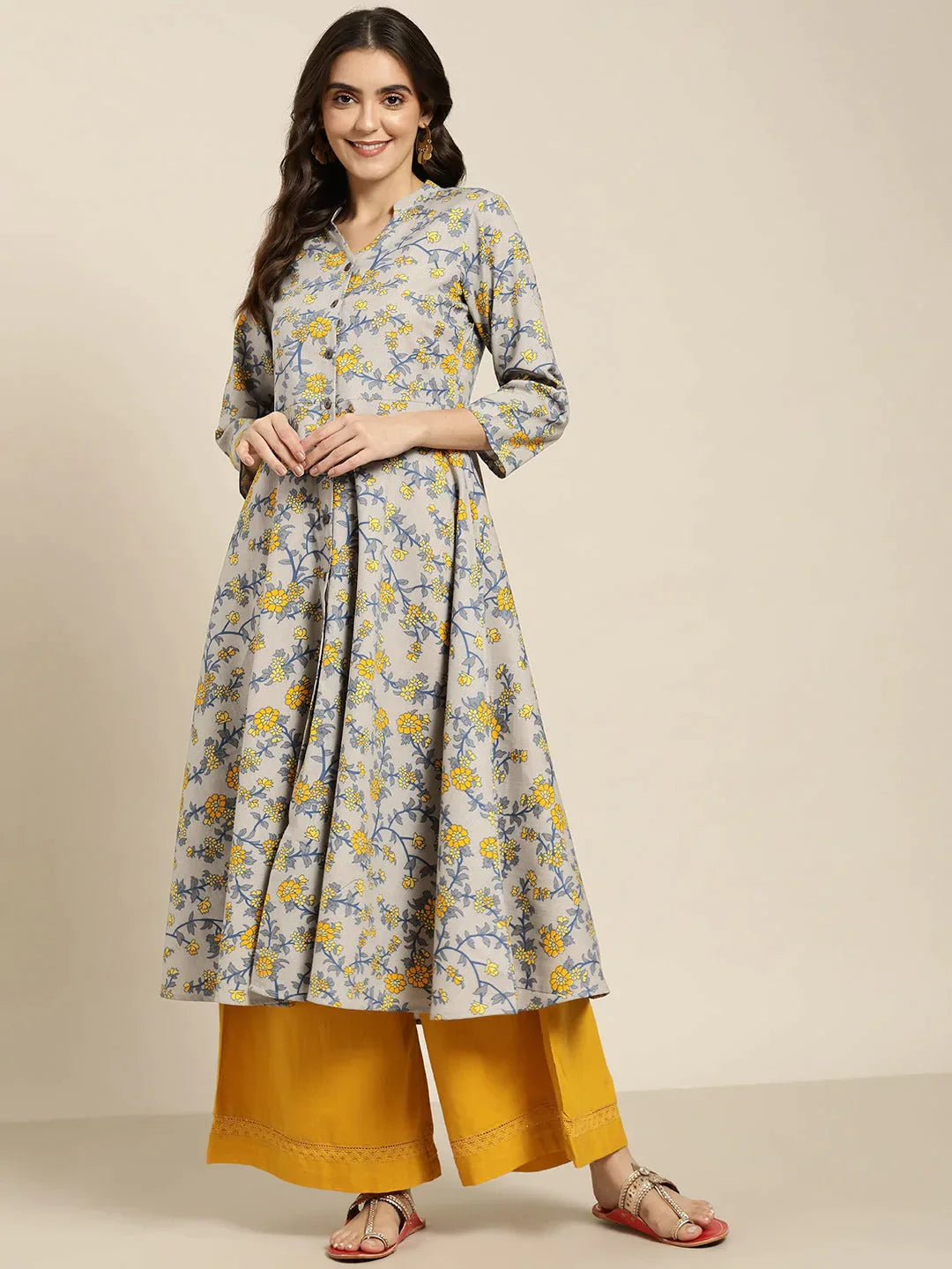 Women's Grey and yellow Printed Anarkali Kurta - Taantav