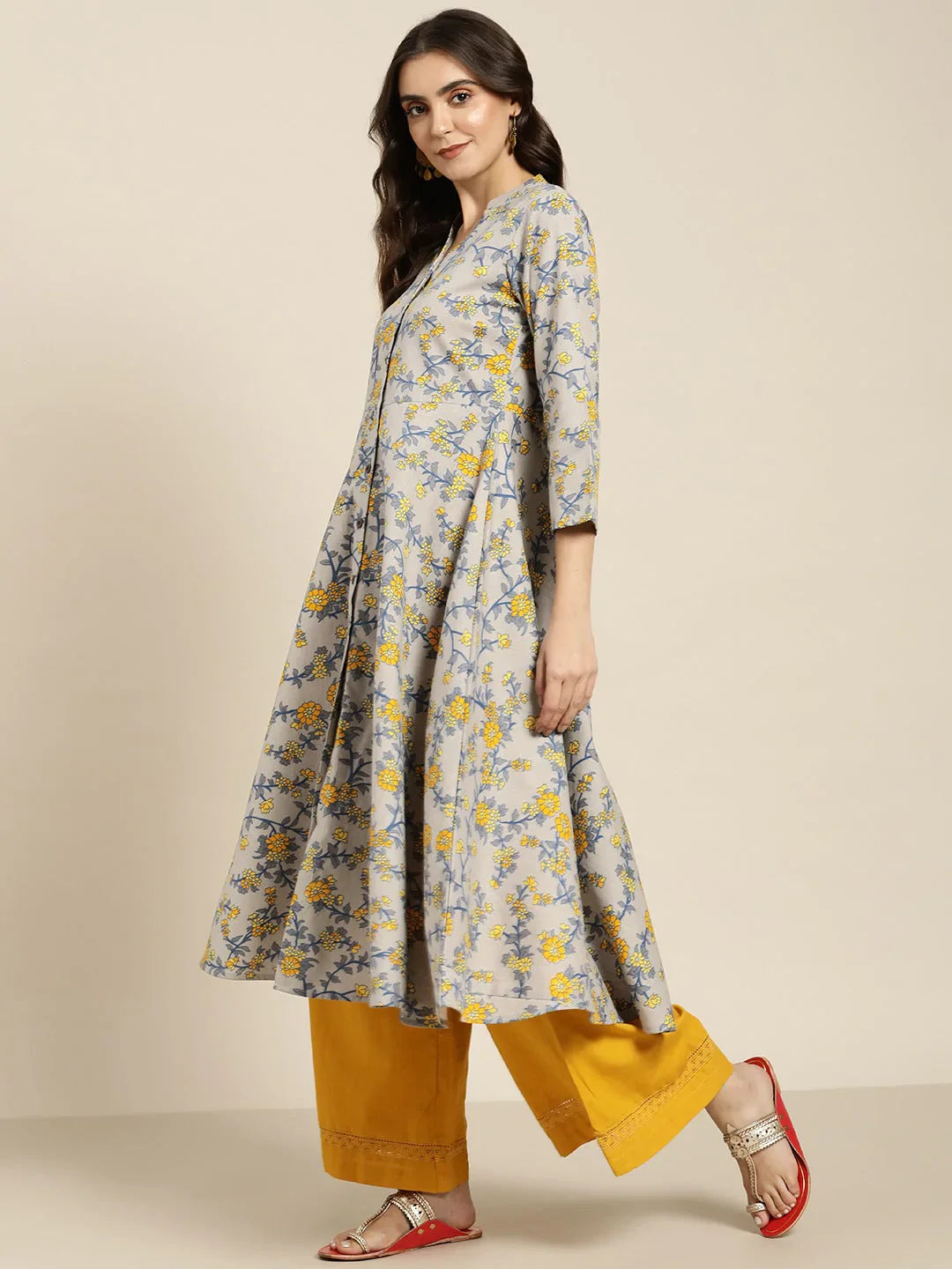 Women's Grey and yellow Printed Anarkali Kurta - Taantav