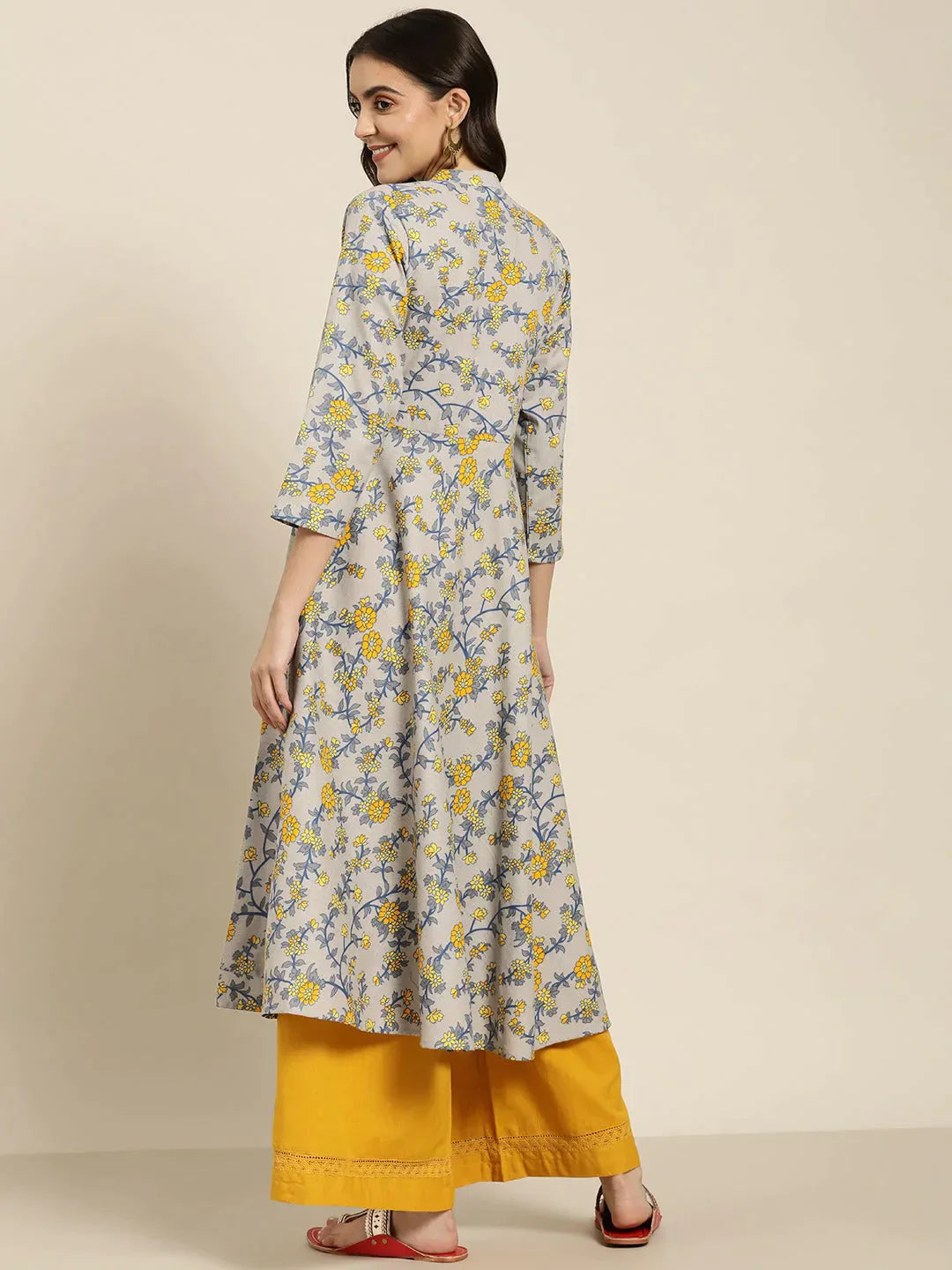 Women's Grey and yellow Printed Anarkali Kurta - Taantav