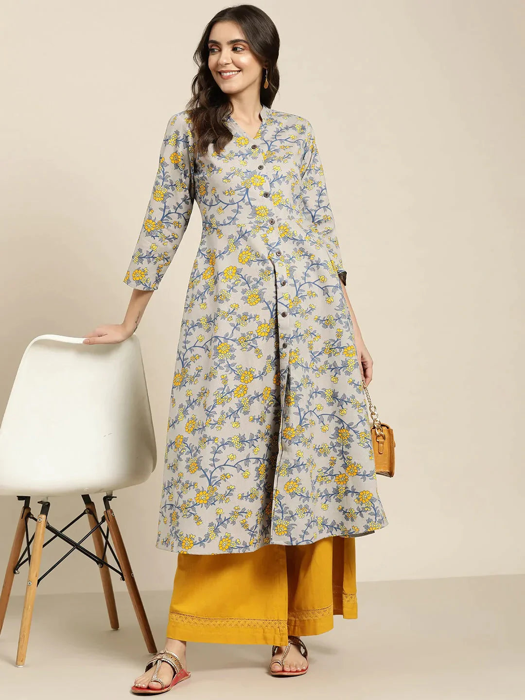 Women's Grey and yellow Printed Anarkali Kurta - Taantav