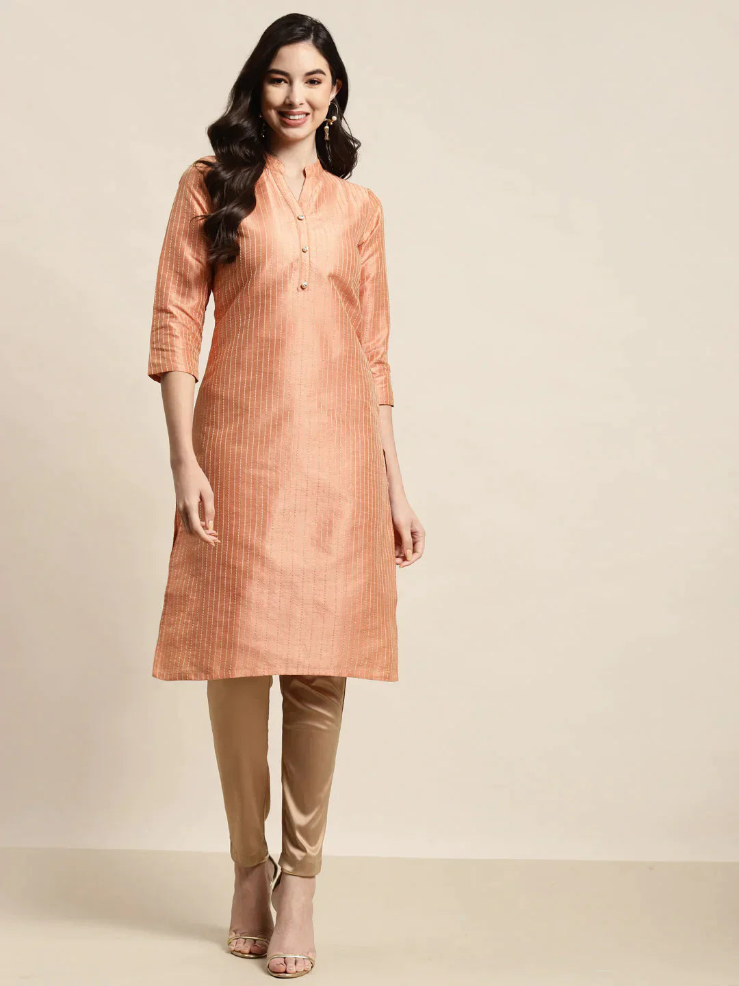 Women's Orange Striped Thread Work Kurta - Taantav