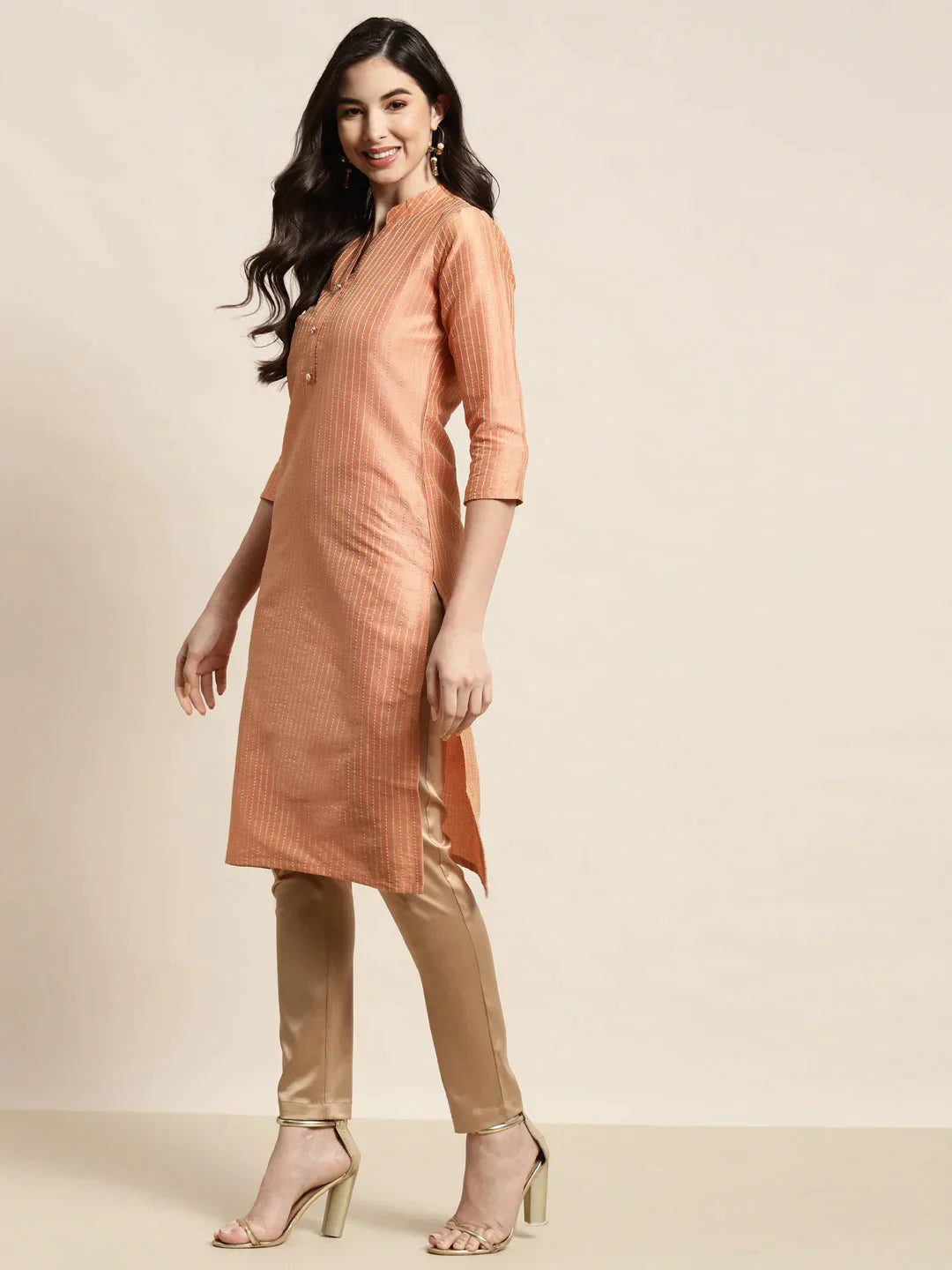 Women's Orange Striped Thread Work Kurta - Taantav