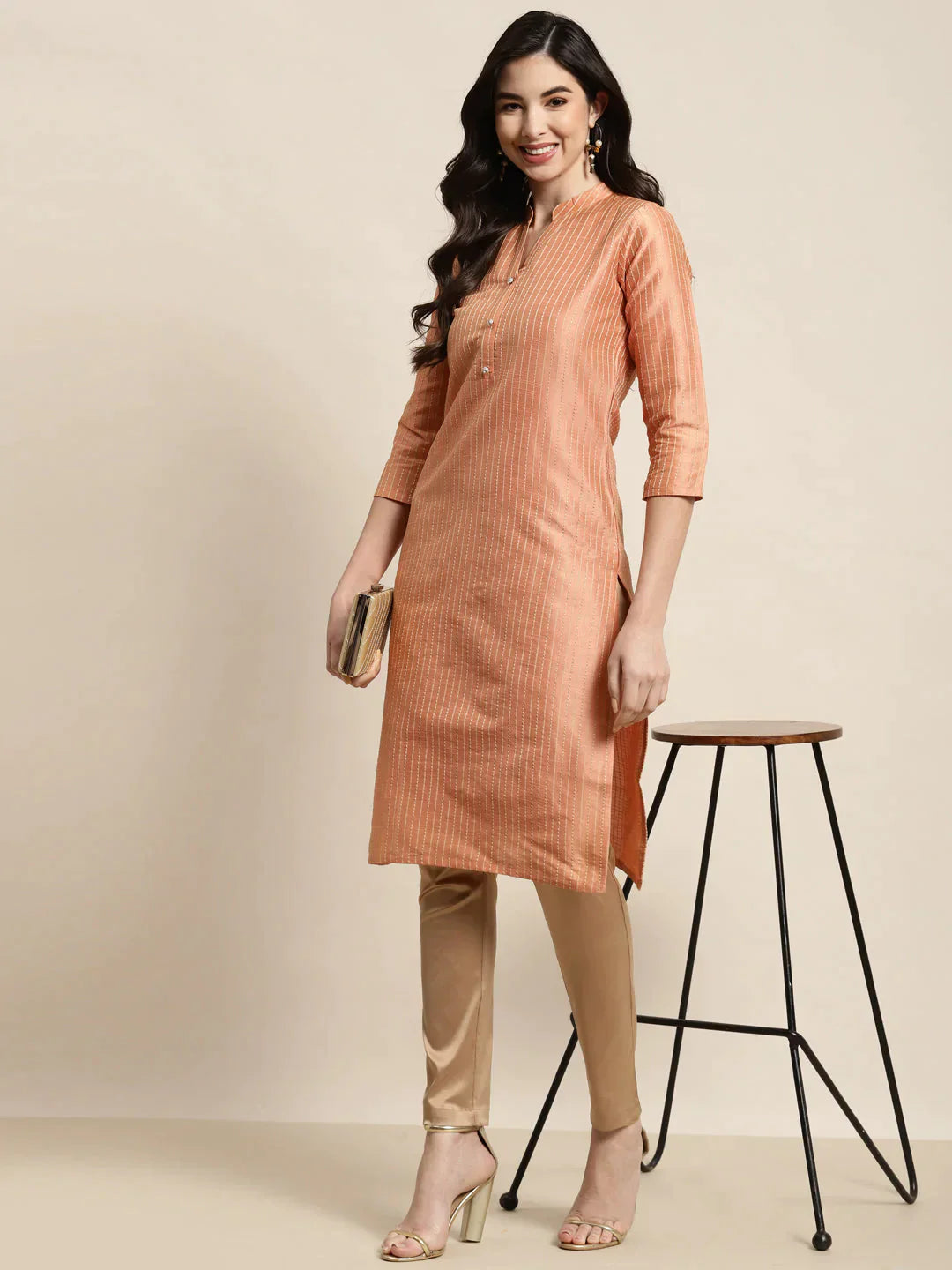 Women's Orange Striped Thread Work Kurta - Taantav