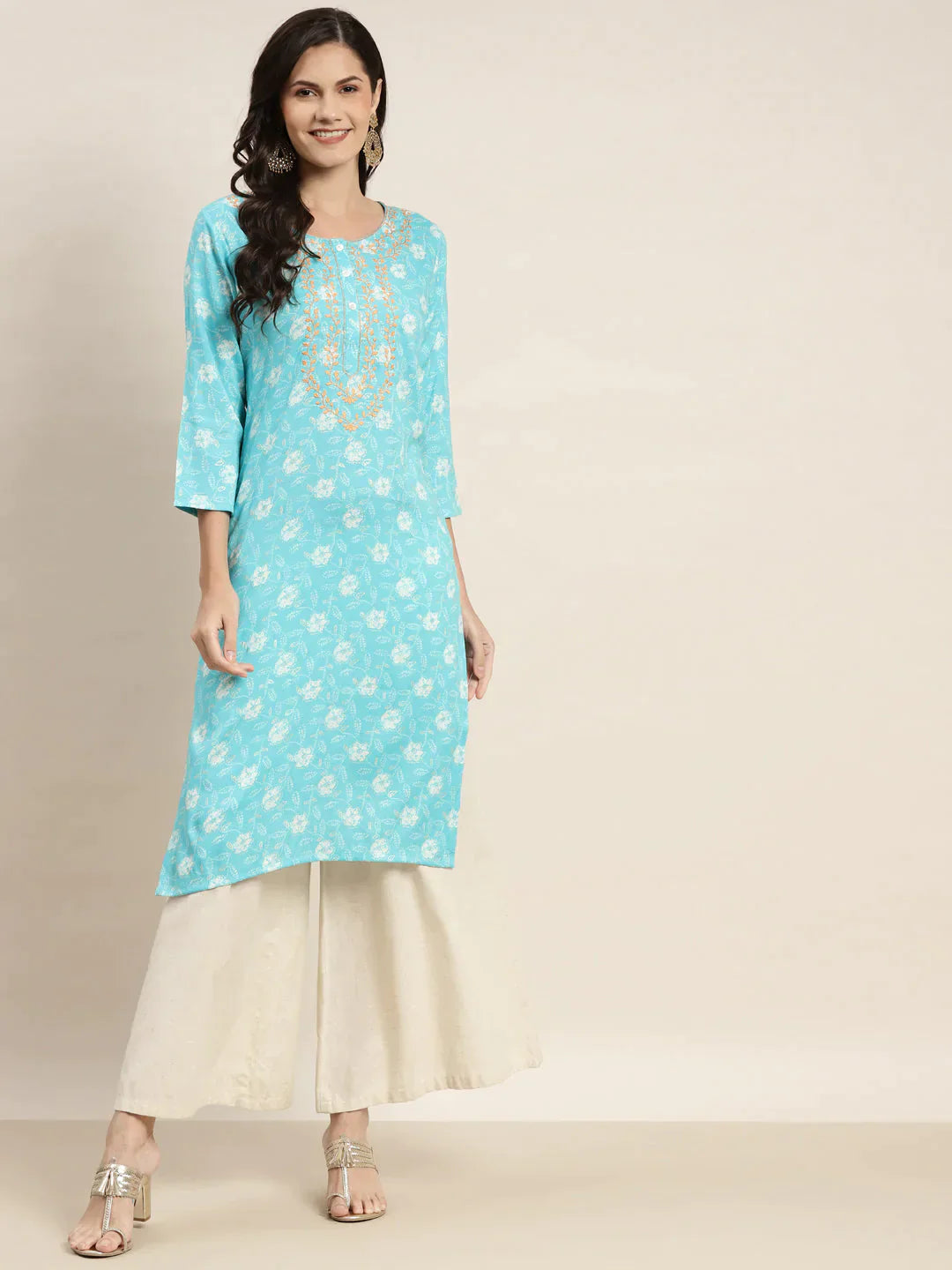 Women's Floral Printed Embroidered Detail Kurta - Taantav