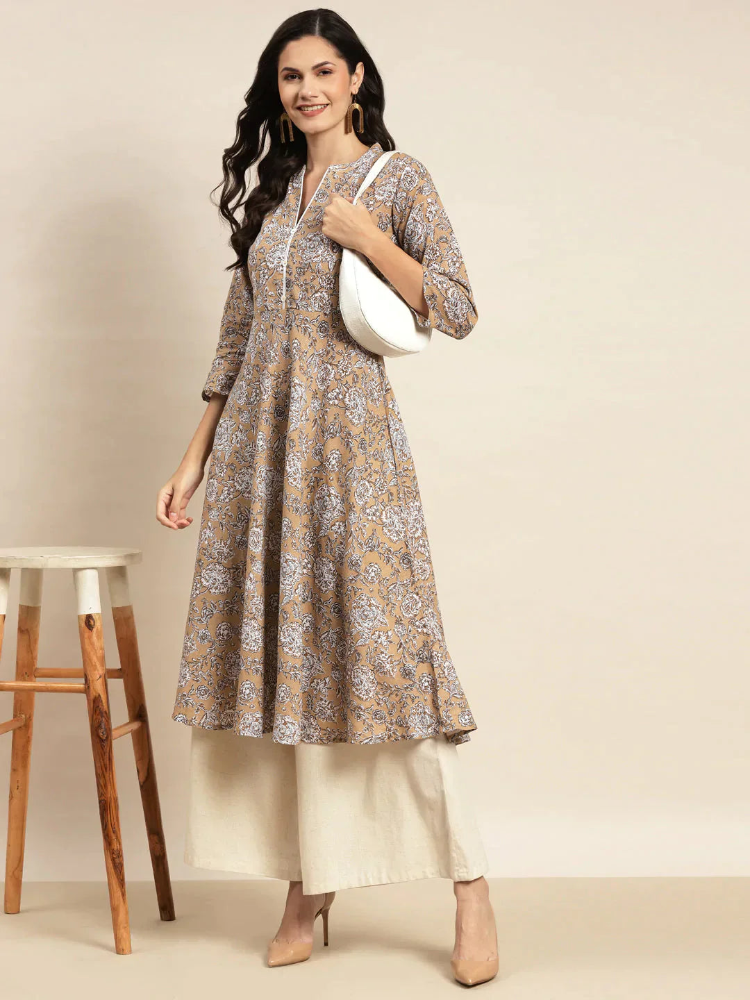 Women's Floral Printed Anarkali Cotton Kurta - Taantav