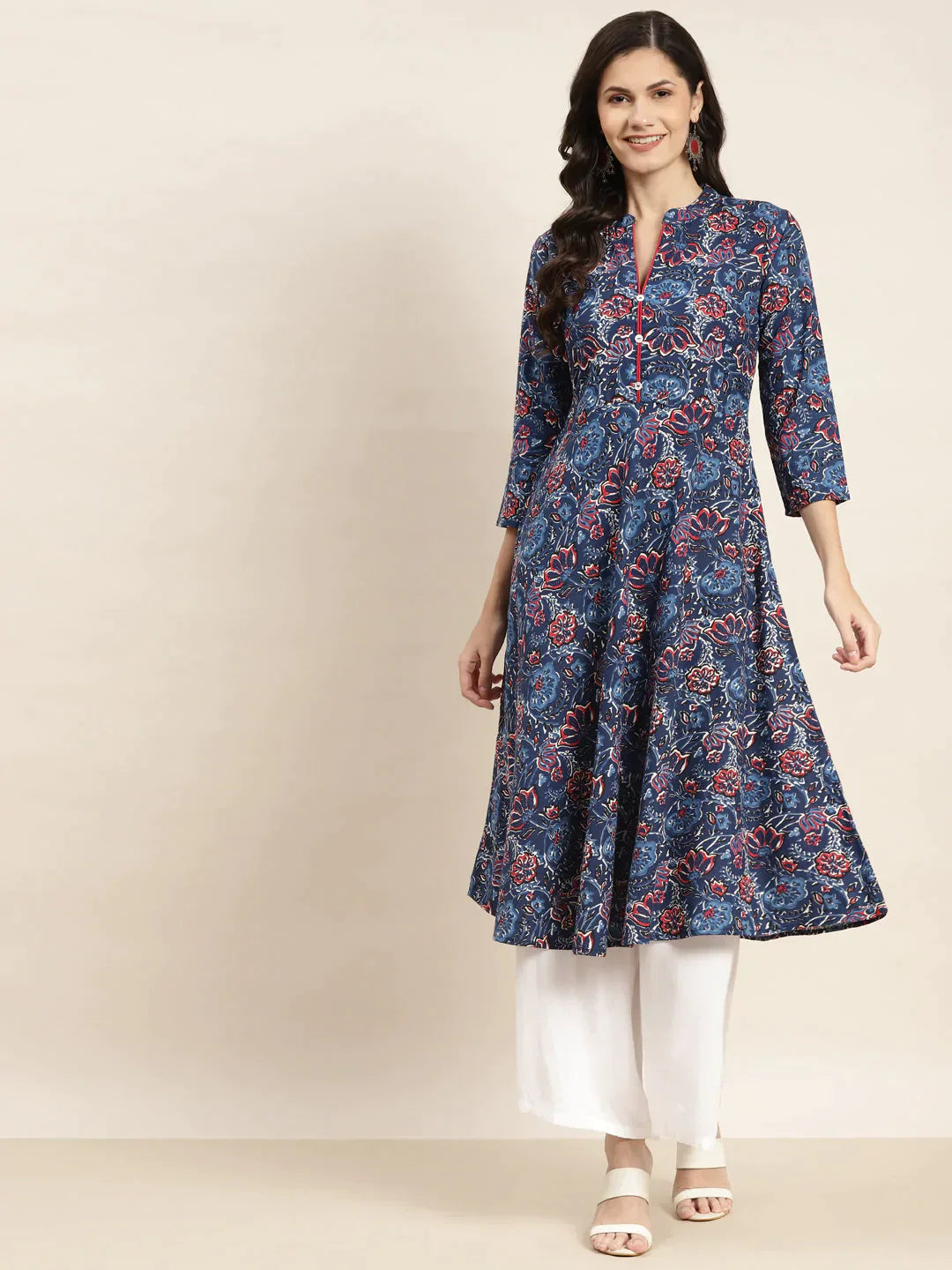 Women's Floral Printed Anarkali Cotton Kurta - Taantav