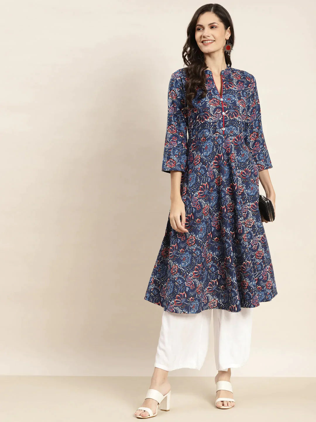 Women's Floral Printed Anarkali Cotton Kurta - Taantav