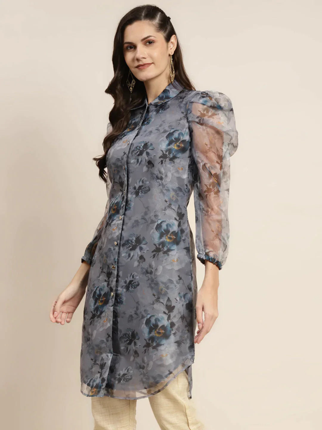 Women's Organza Printed Puff Sleeves Kurta - Taantav