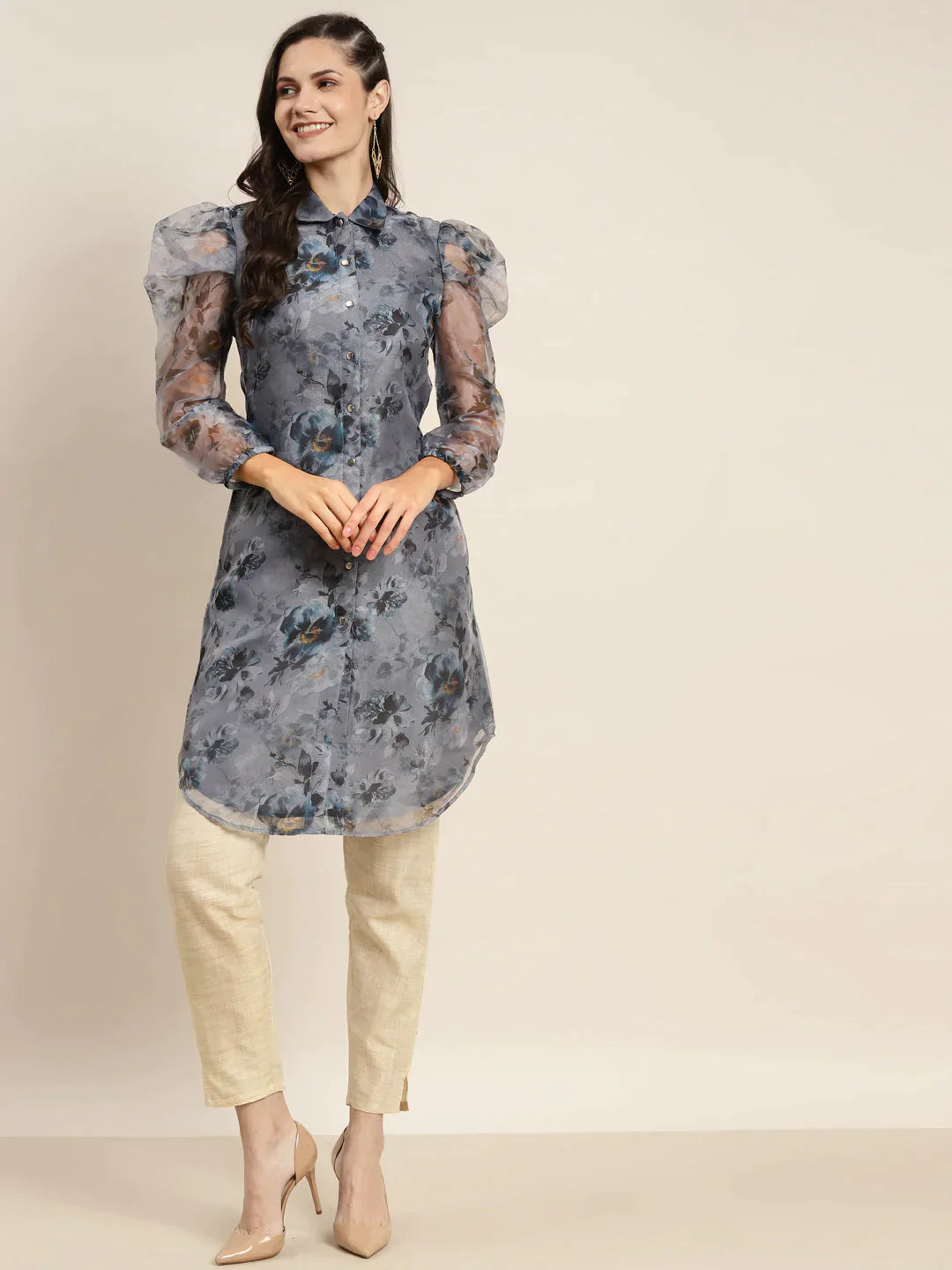 Women's Organza Printed Puff Sleeves Kurta - Taantav