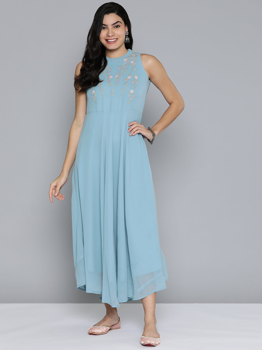 Women's Embroidered Powder Grey Flared Dress - Taantav