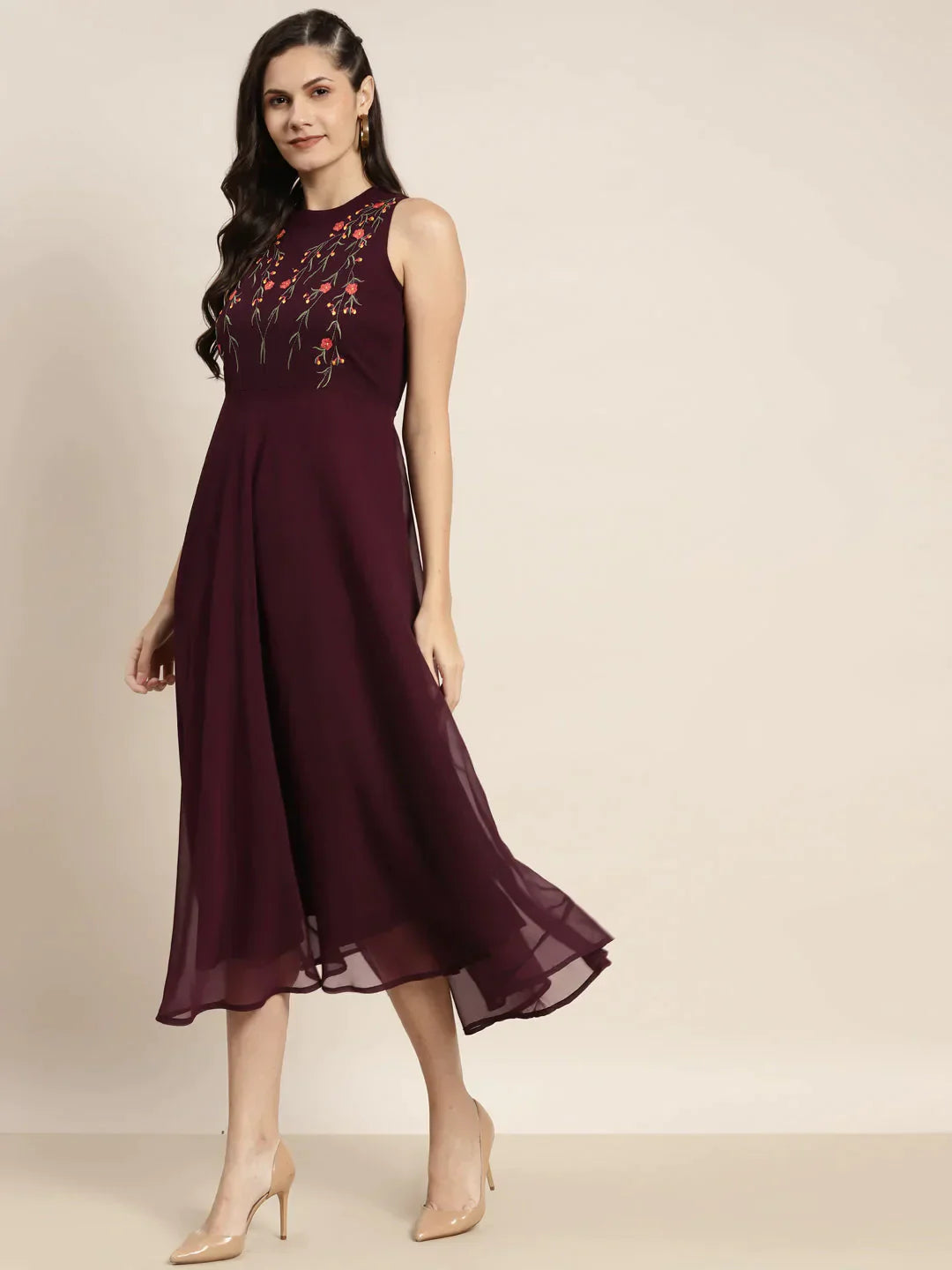 Women's Embroidered A-Line Midi Dress - Taantav