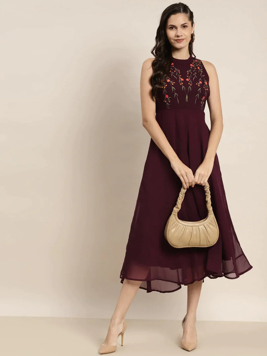 Women's Embroidered A-Line Midi Dress - Taantav