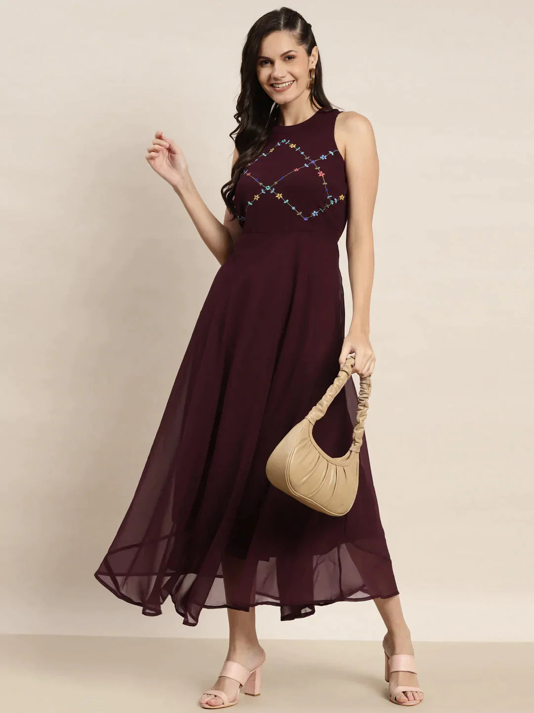 Women's Embroidered A-Line Midi Dress - Taantav