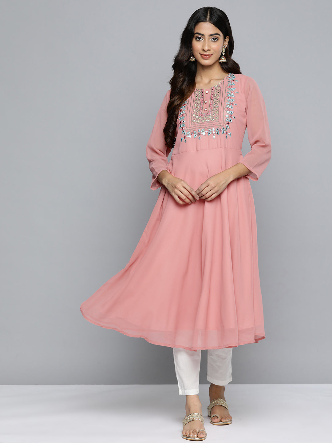 Women's Geometric Embroidered Mirror Work Georgette Anarkali Kurta - Taantav