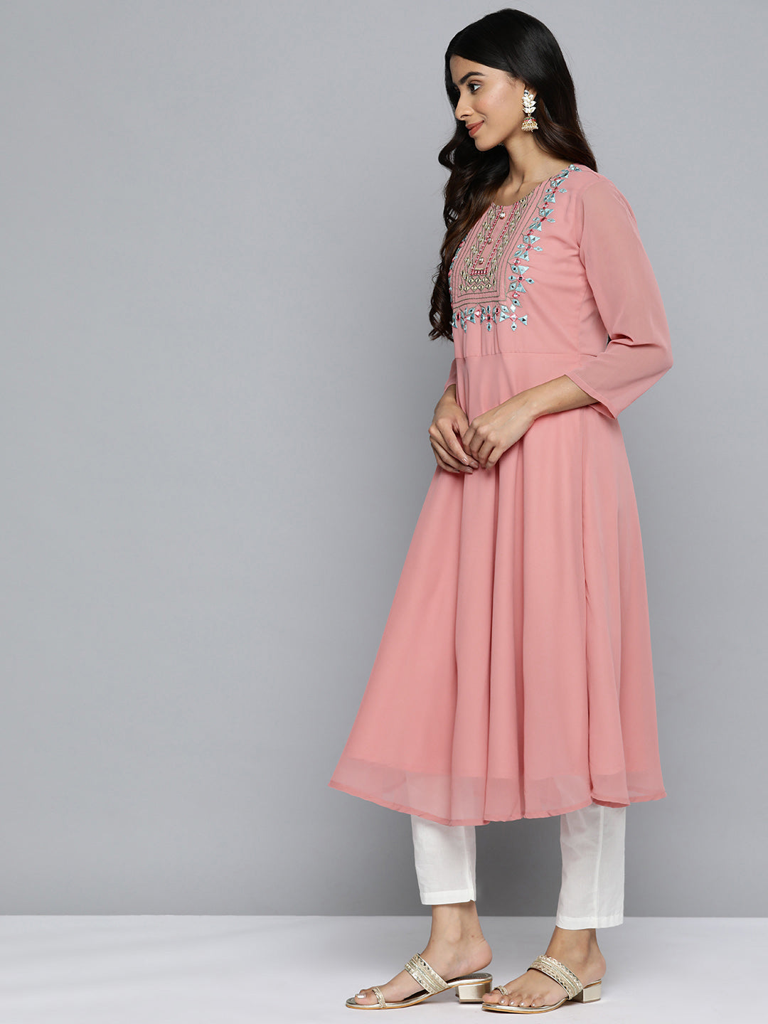 Women's Geometric Embroidered Mirror Work Georgette Anarkali Kurta - Taantav