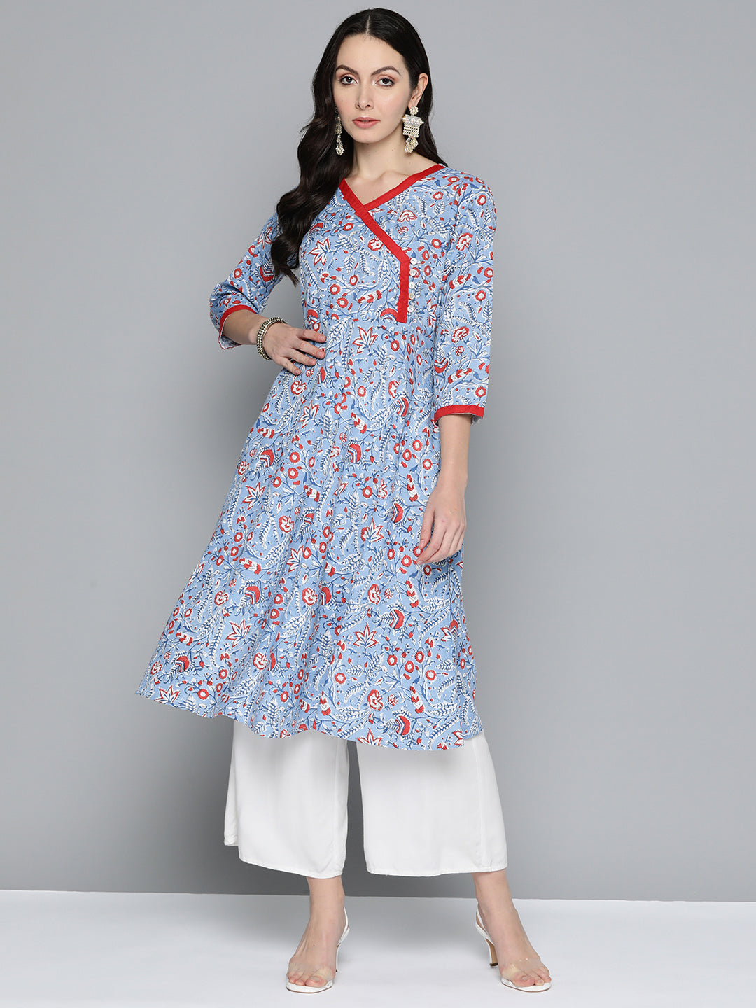 Women's Blue Floral Printed Anarkali Kurta - Taantav