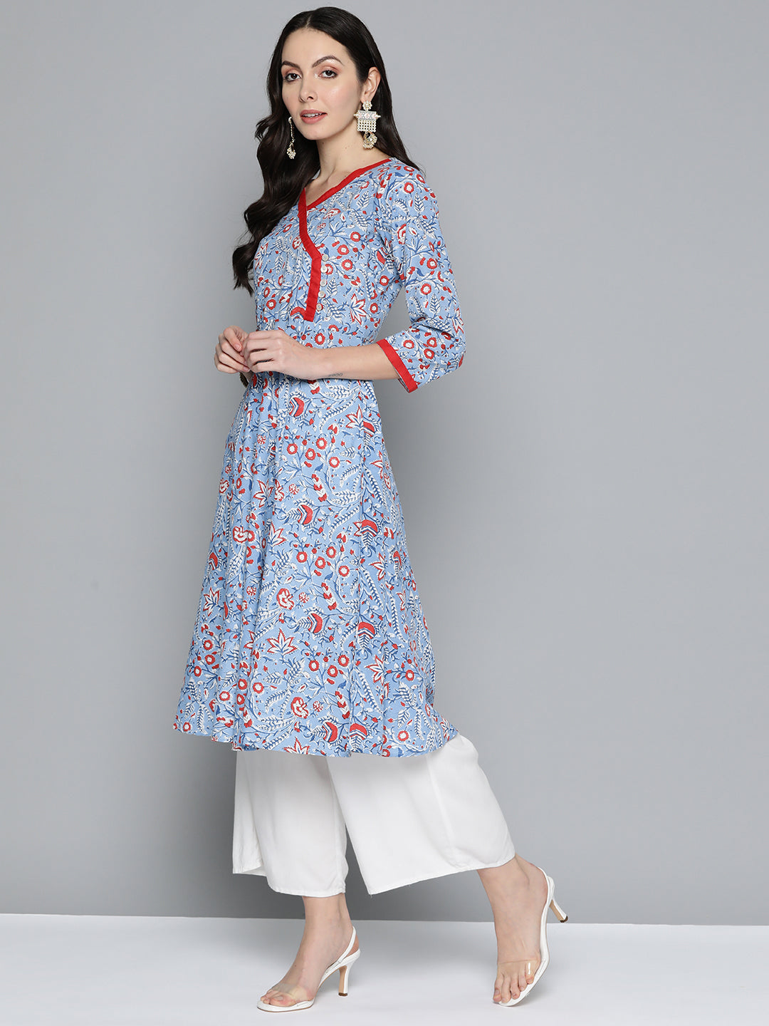 Women's Blue Floral Printed Anarkali Kurta - Taantav