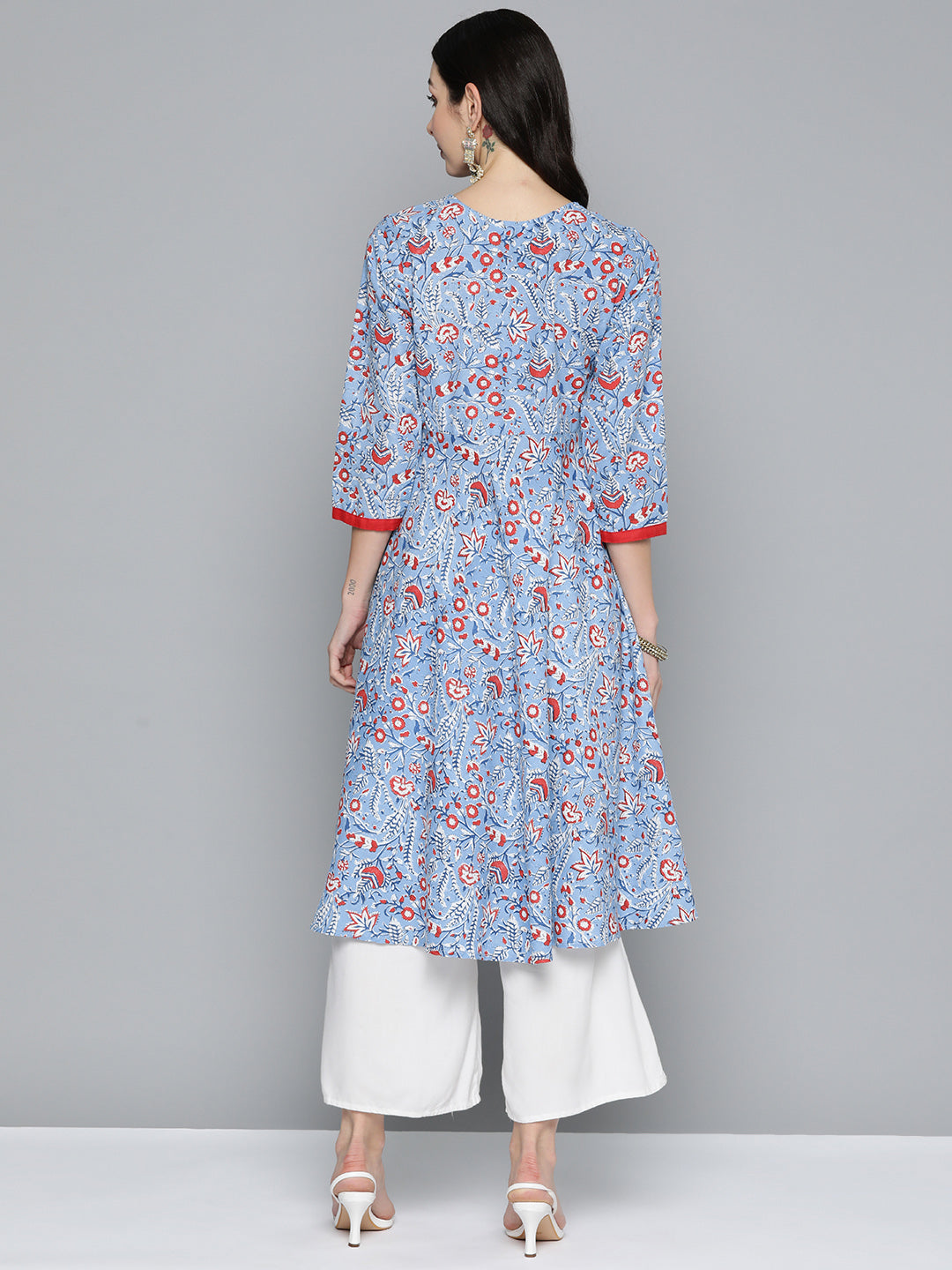 Women's Blue Floral Printed Anarkali Kurta - Taantav