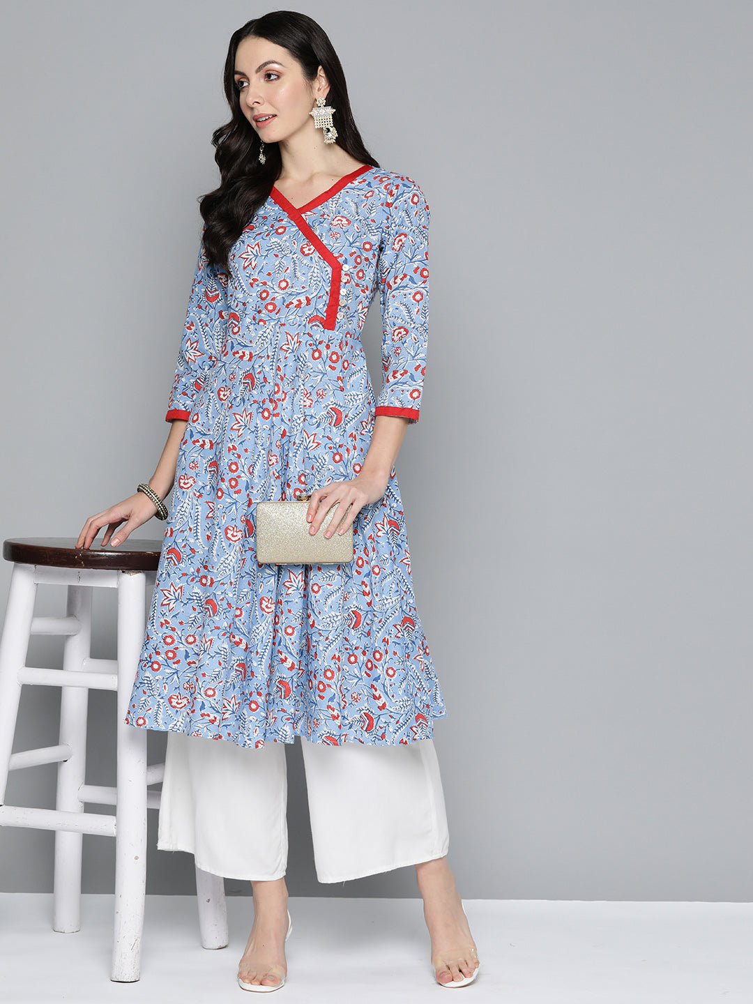 Women's Blue Floral Printed Anarkali Kurta - Taantav