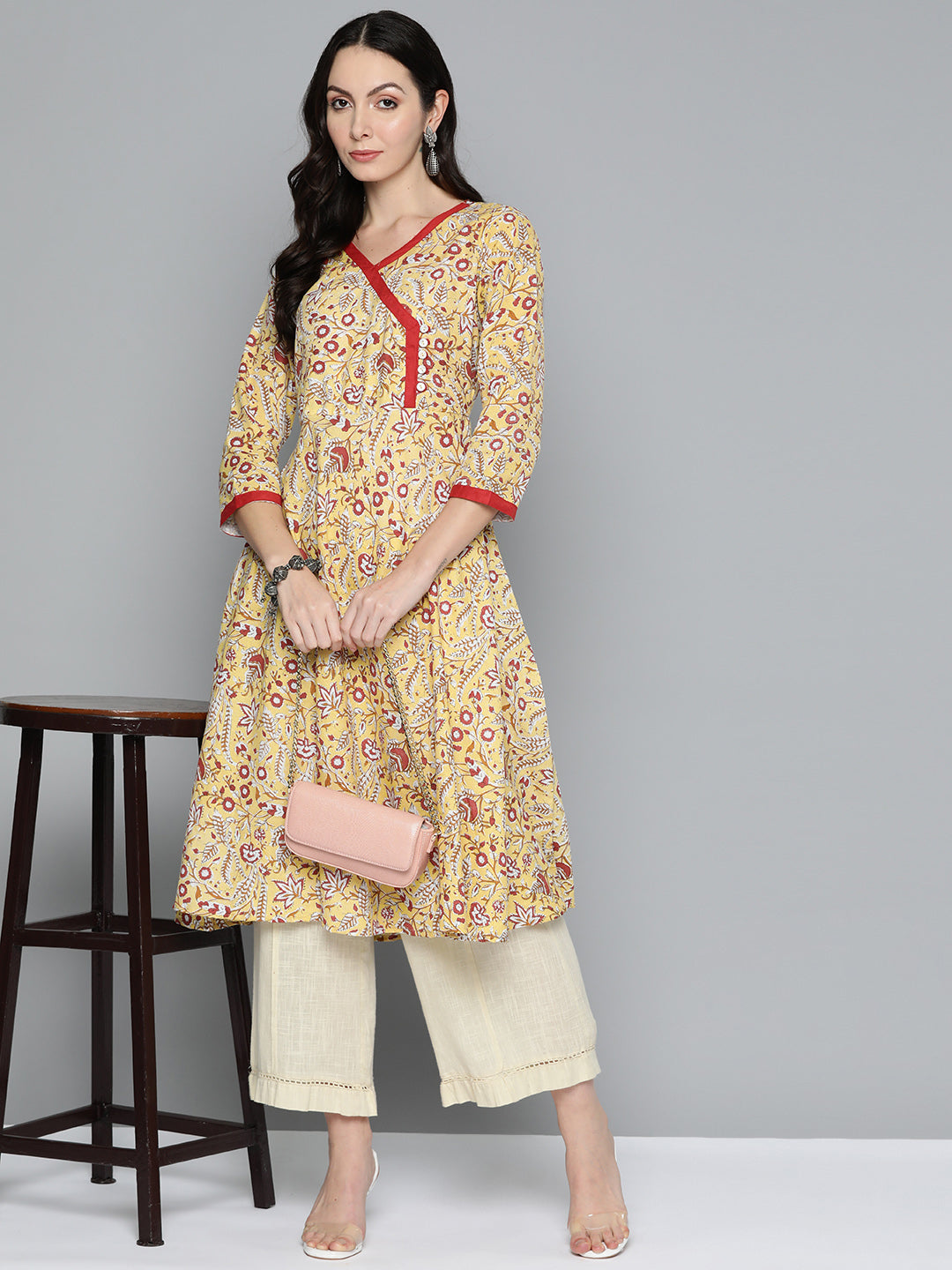 Women's Yellow Floral Printed Anarkali Kurta - Taantav