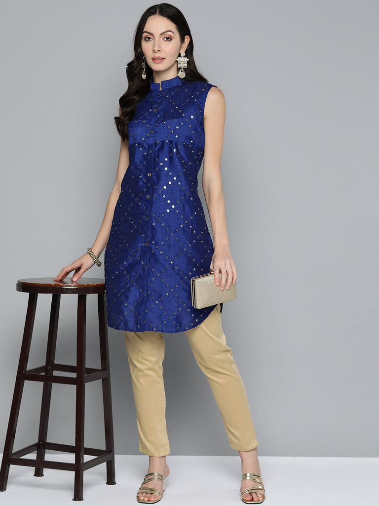 Women's Geometric Embroidered Mirror Work Kurta