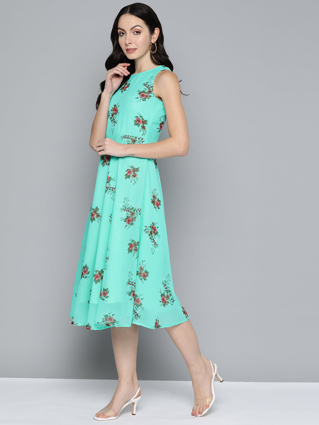 Women's Floral Print Georgette A-Line Midi Dress - Taantav