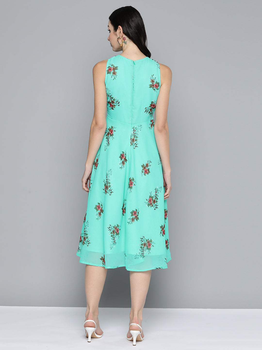 Women's Floral Print Georgette A-Line Midi Dress - Taantav